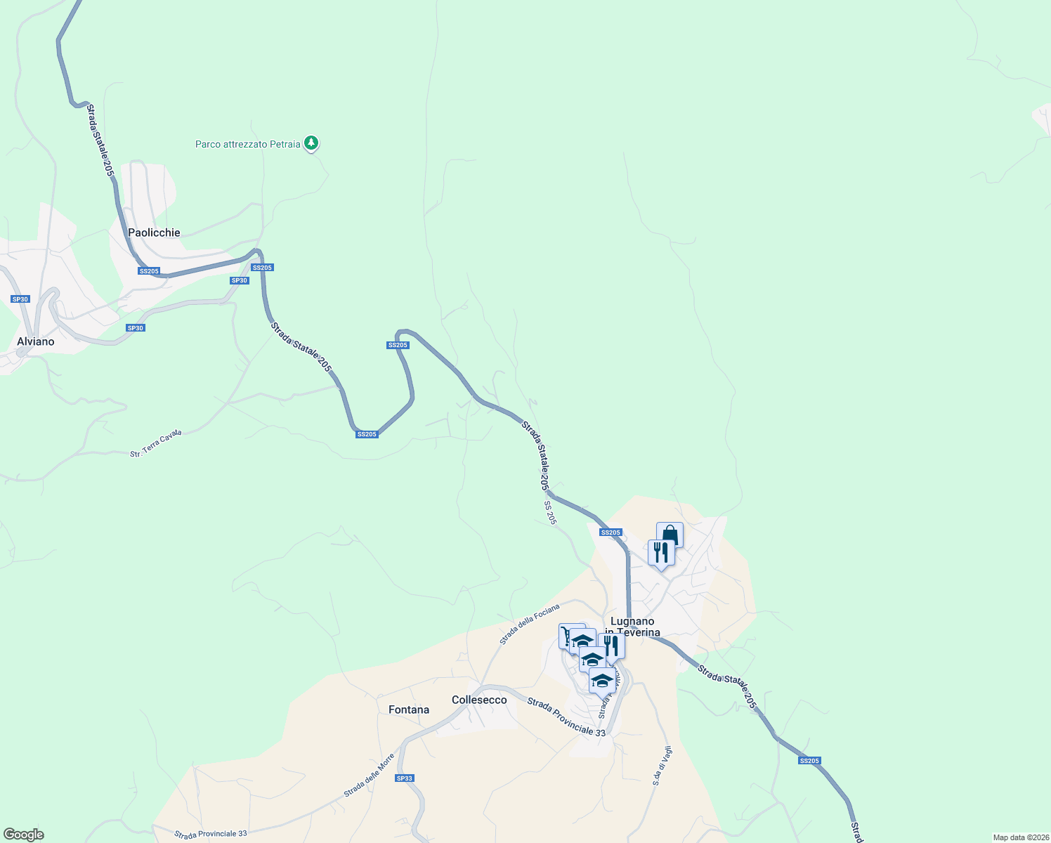 map of restaurants, bars, coffee shops, grocery stores, and more near 22 SS205 in Provincia di Terni