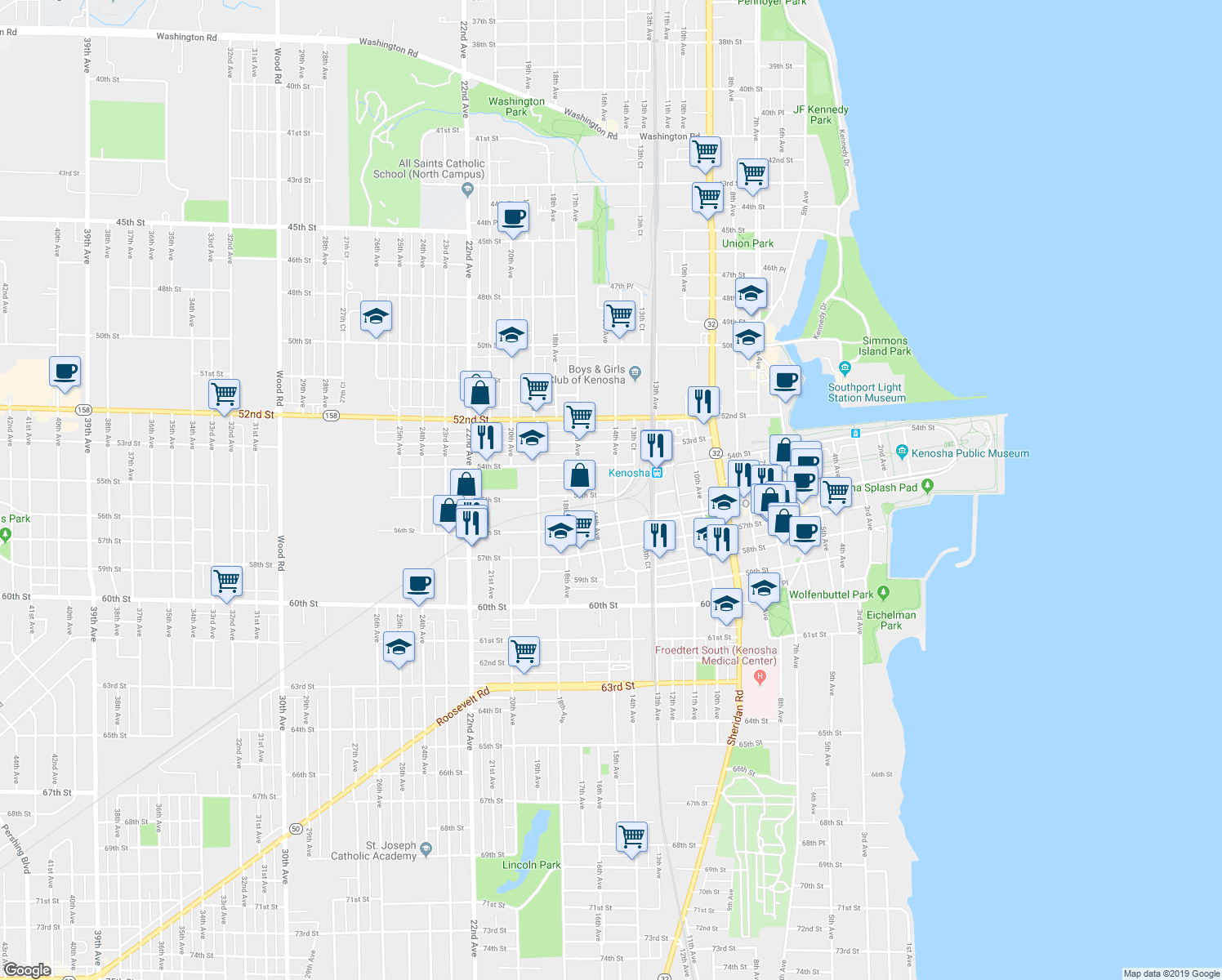 map of restaurants, bars, coffee shops, grocery stores, and more near 5430 14th Avenue in Kenosha
