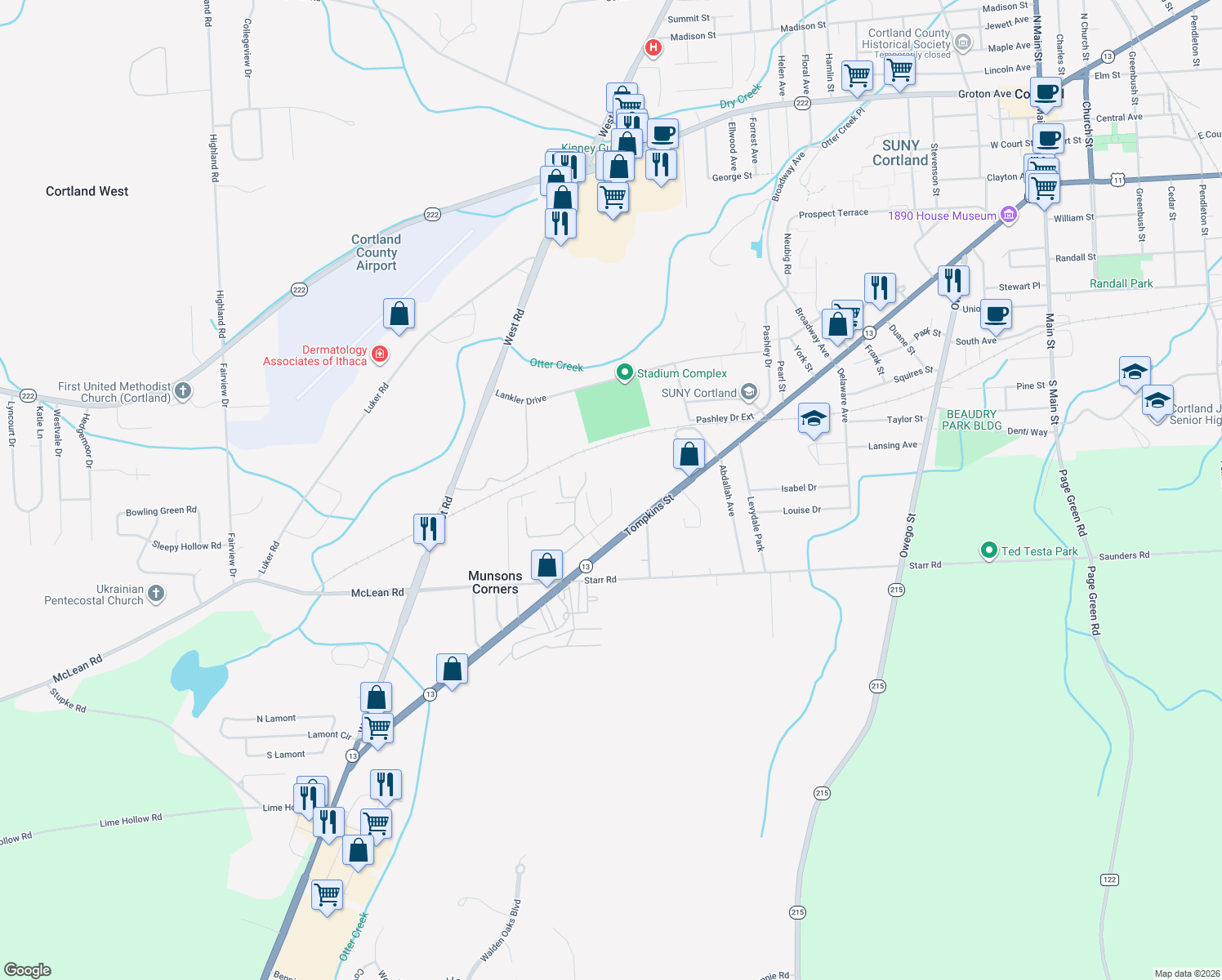 map of restaurants, bars, coffee shops, grocery stores, and more near 1 Halstead Rd in Cortland