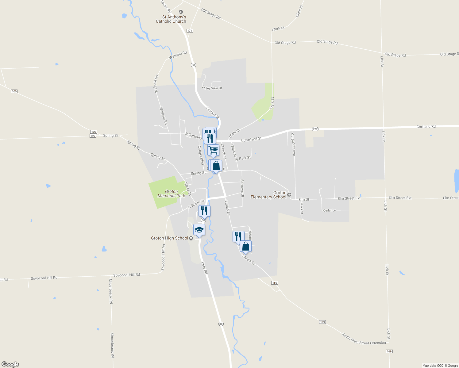 map of restaurants, bars, coffee shops, grocery stores, and more near 106 Lincoln Avenue in Groton
