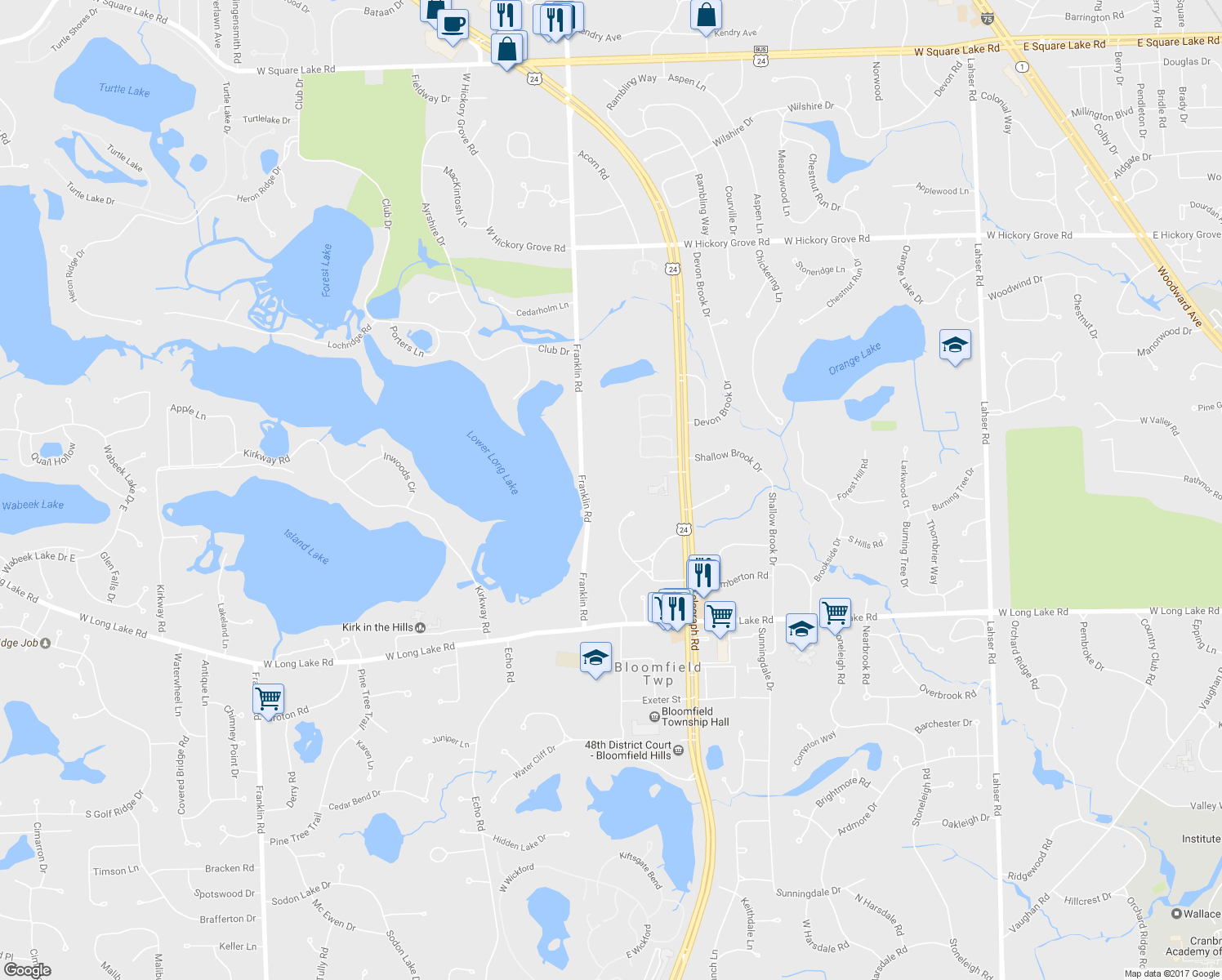 map of restaurants, bars, coffee shops, grocery stores, and more near 3675 Franklin Road in Bloomfield Hills