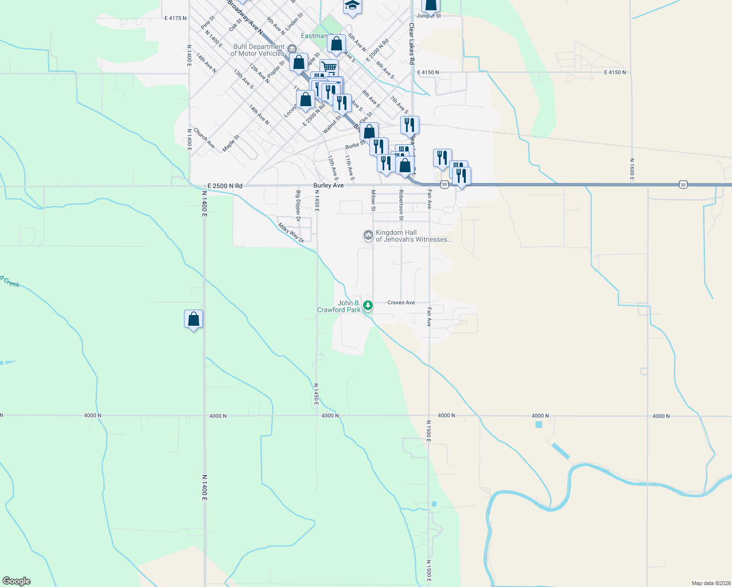 map of restaurants, bars, coffee shops, grocery stores, and more near 962 Milner Street in Buhl