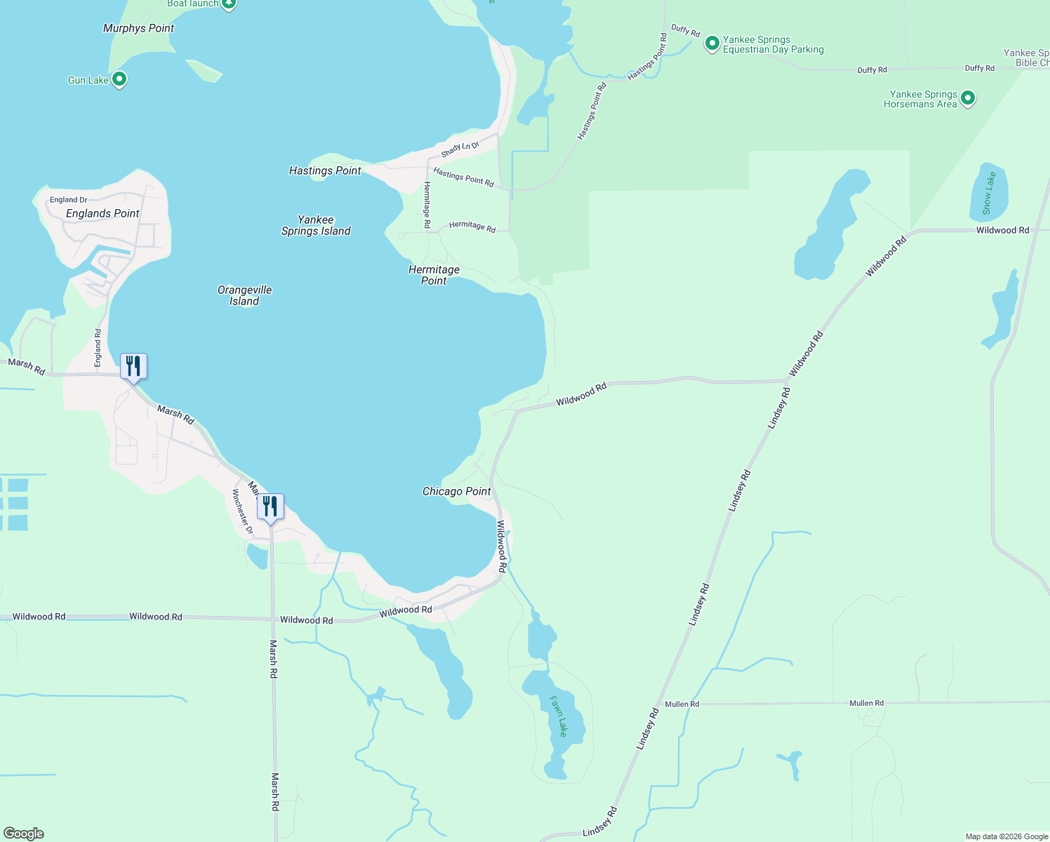 map of restaurants, bars, coffee shops, grocery stores, and more near 10651 Wildwood Road in Middleville