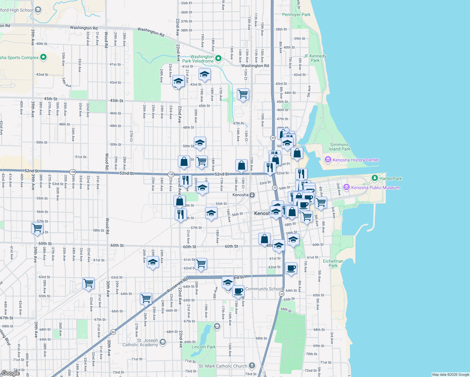 map of restaurants, bars, coffee shops, grocery stores, and more near 5314 14th Avenue in Kenosha