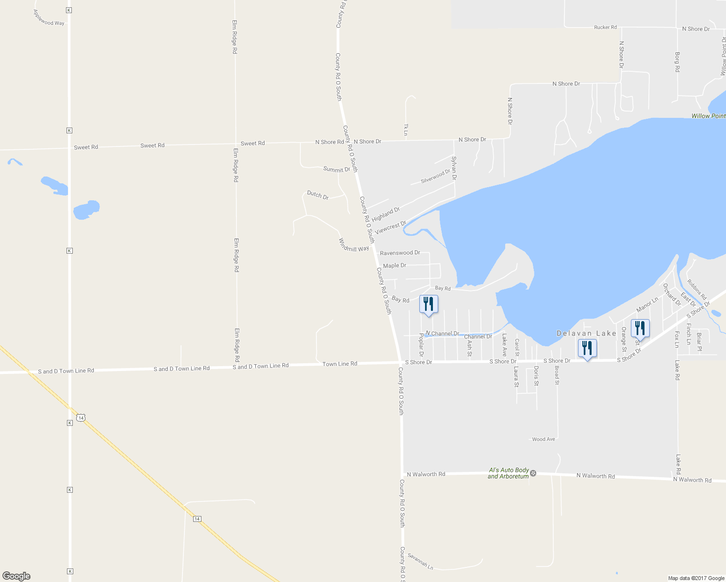 map of restaurants, bars, coffee shops, grocery stores, and more near 2633 County Road O South in Delavan