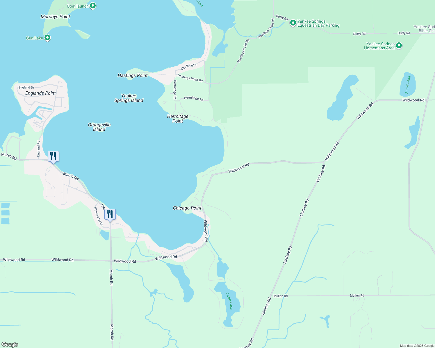 map of restaurants, bars, coffee shops, grocery stores, and more near 10651 Wildwood Road in Middleville