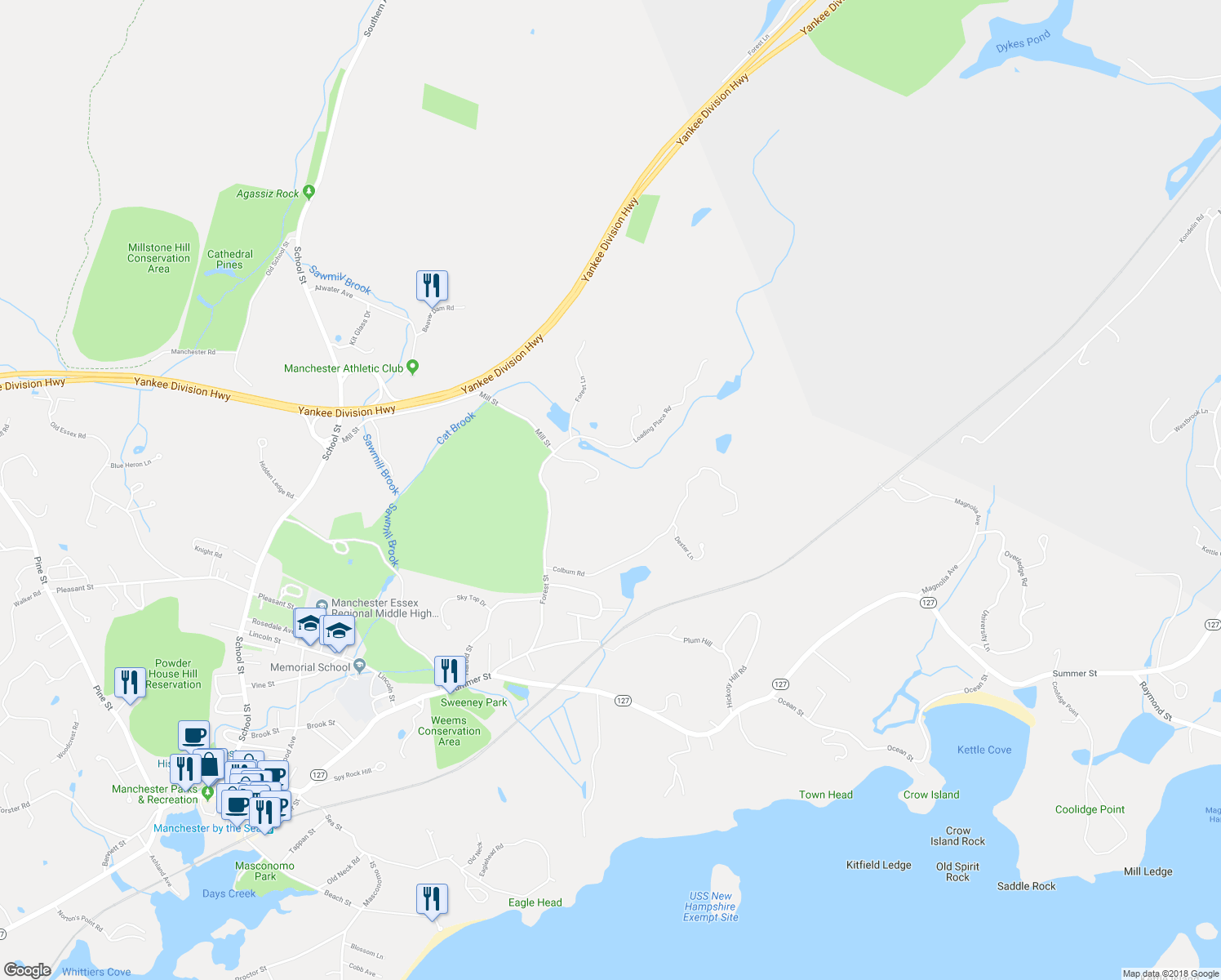 map of restaurants, bars, coffee shops, grocery stores, and more near 77 Forest Street in Manchester-by-the-Sea