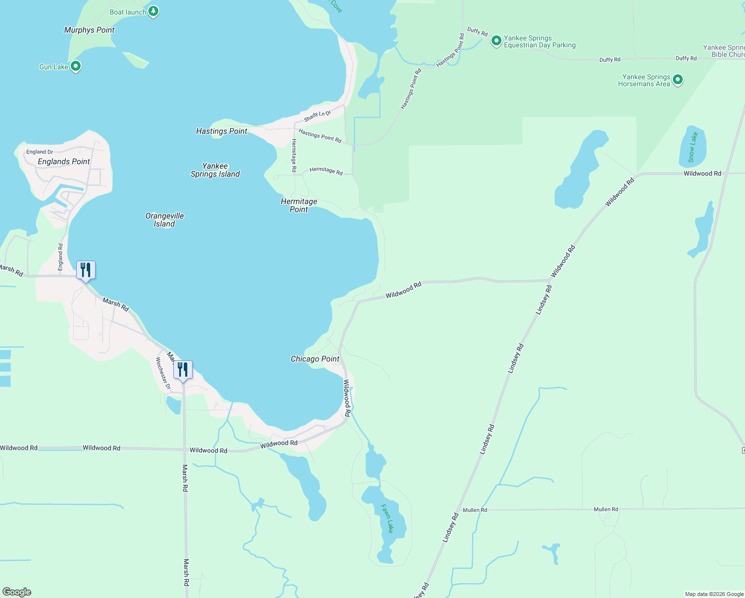 map of restaurants, bars, coffee shops, grocery stores, and more near 10651 Wildwood Road in Middleville