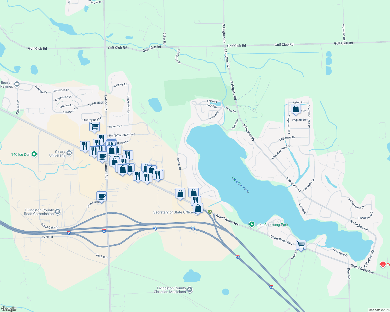 map of restaurants, bars, coffee shops, grocery stores, and more near 895 Sunrise Park Street in Howell