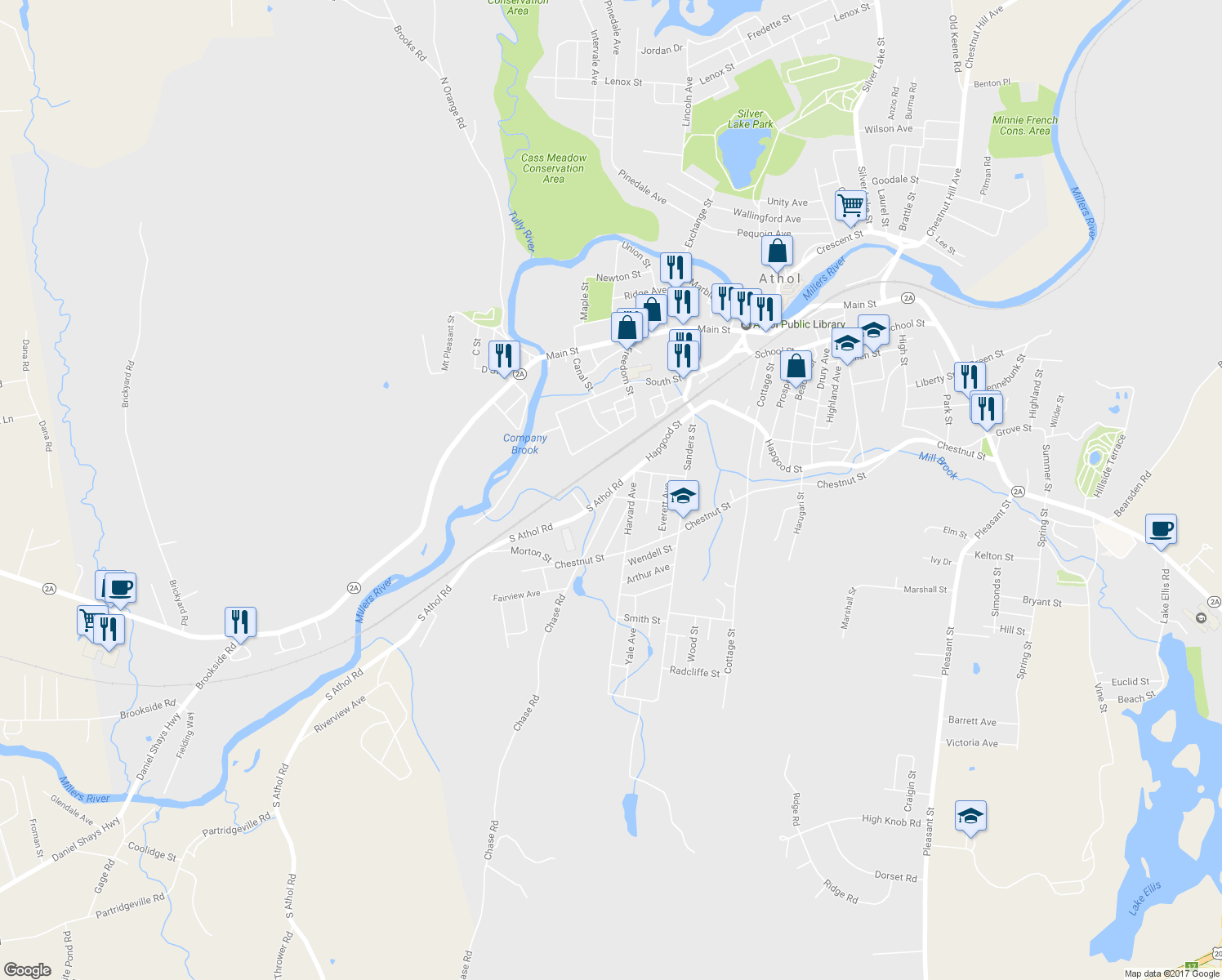 map of restaurants, bars, coffee shops, grocery stores, and more near 227 South Athol Road in Athol