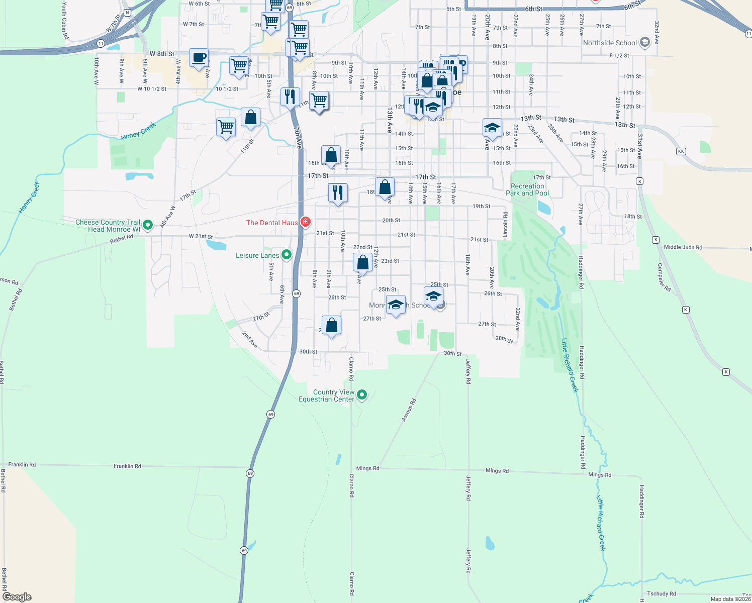 map of restaurants, bars, coffee shops, grocery stores, and more near 2606 12th Avenue in Monroe