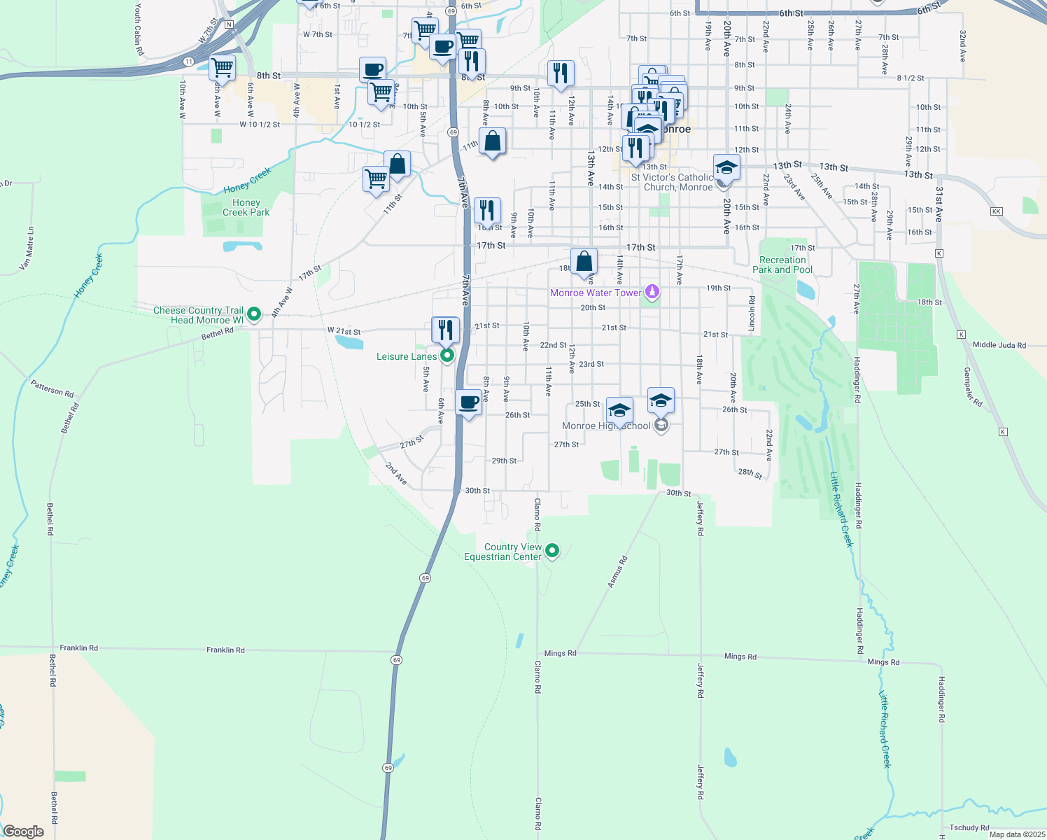 map of restaurants, bars, coffee shops, grocery stores, and more near 922 26th St in Monroe