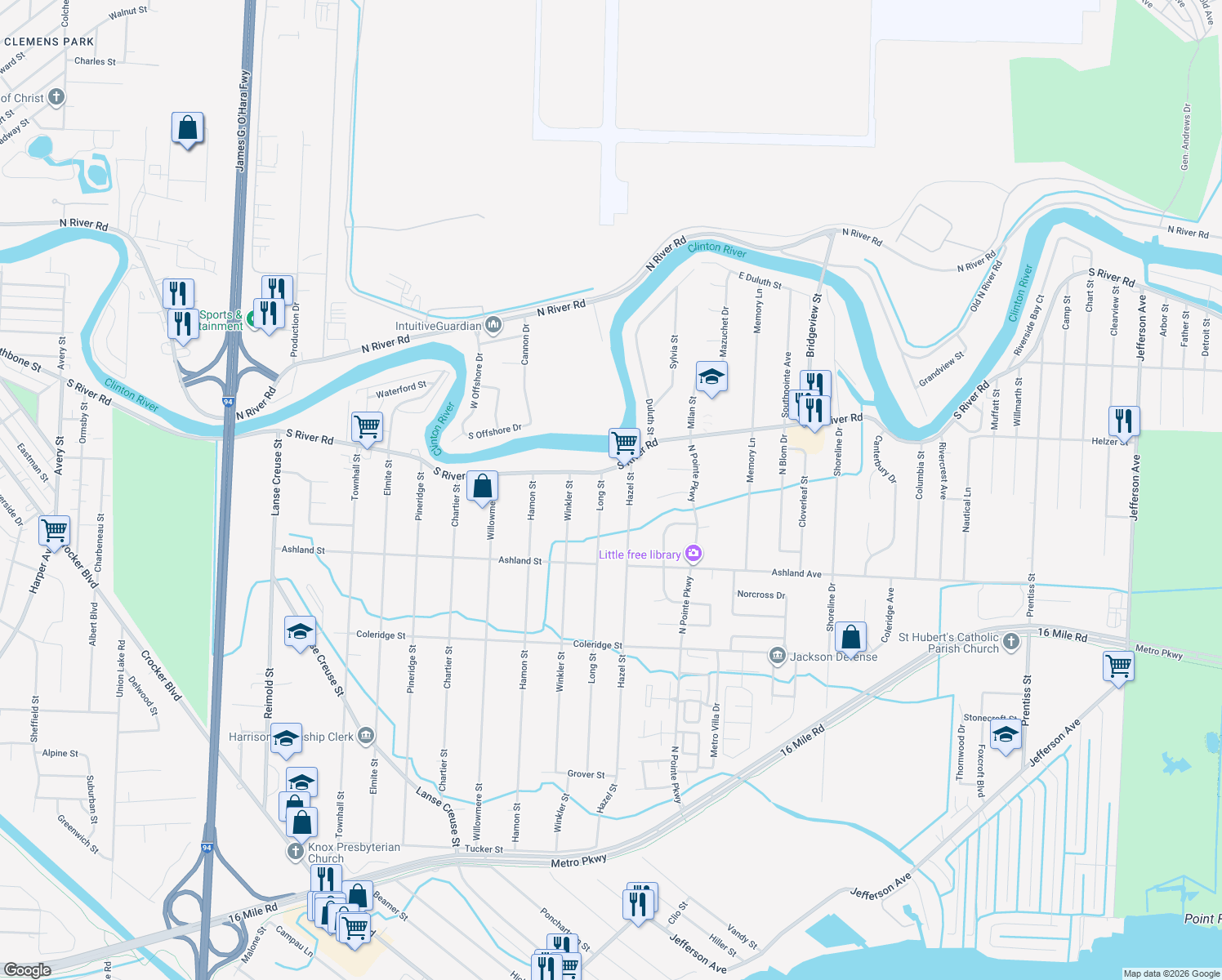 map of restaurants, bars, coffee shops, grocery stores, and more near 39410 Long St in Harrison Township