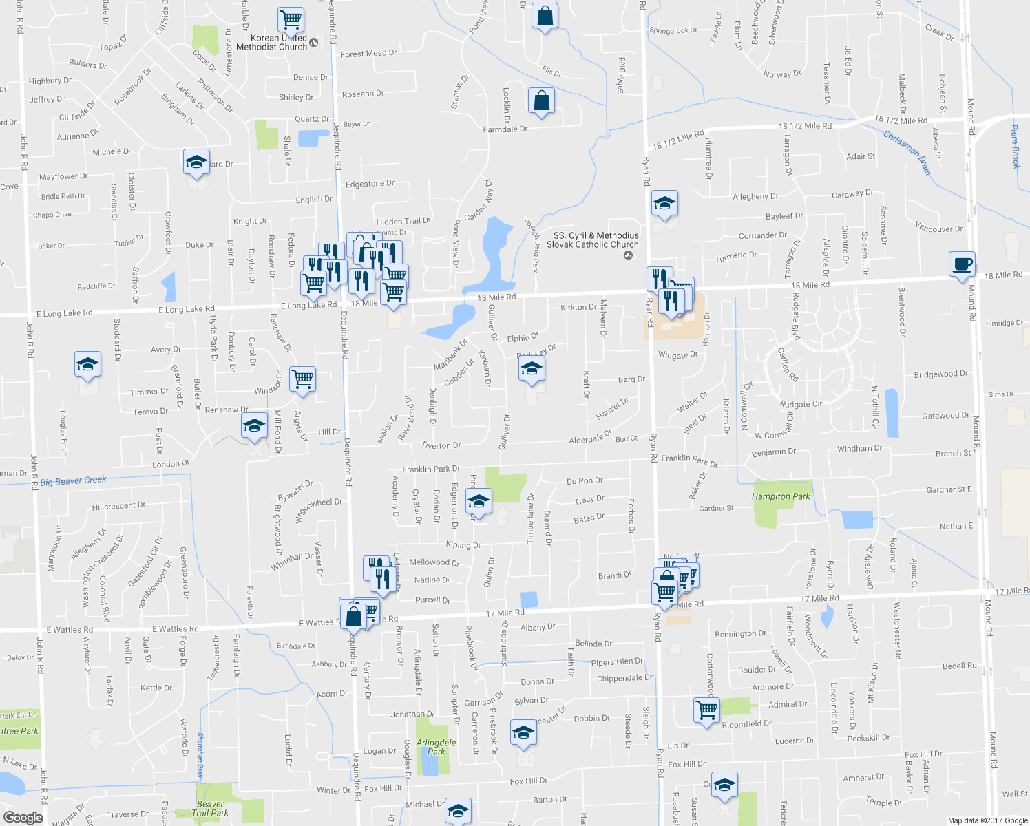 map of restaurants, bars, coffee shops, grocery stores, and more near 40234 Gulliver Drive in Sterling Heights