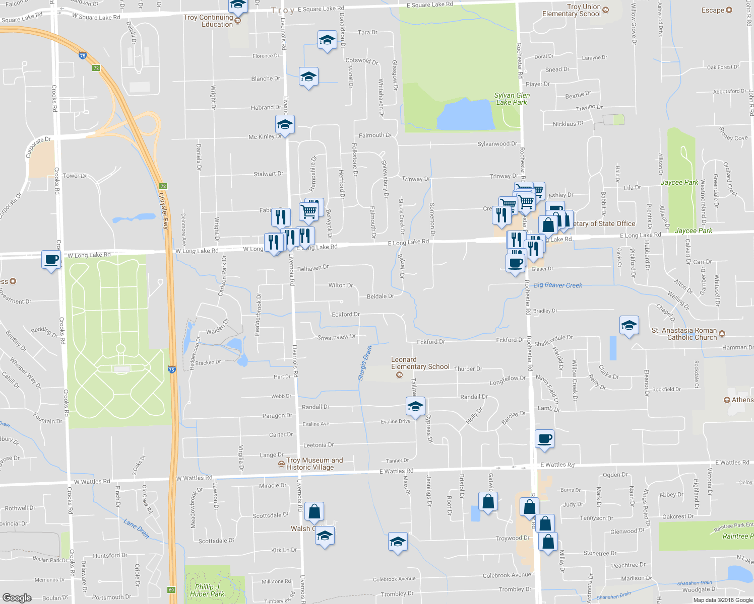 map of restaurants, bars, coffee shops, grocery stores, and more near 410 Beldale Drive in Troy