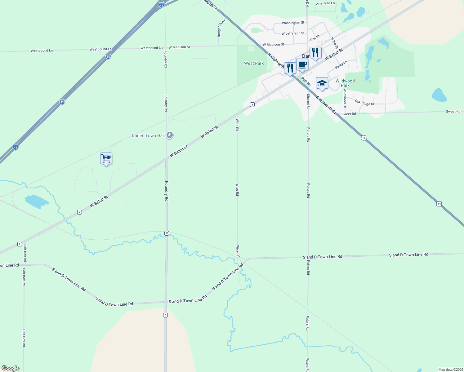 map of restaurants, bars, coffee shops, grocery stores, and more near N2701 Wise Road in Darien
