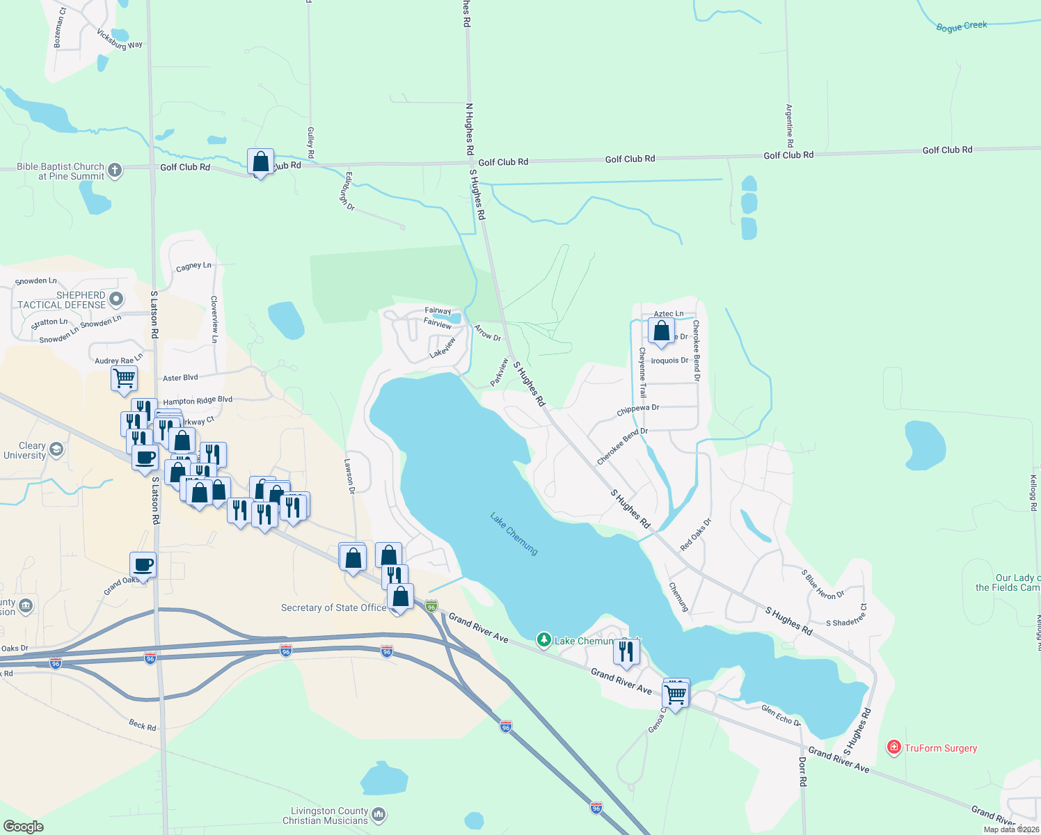 map of restaurants, bars, coffee shops, grocery stores, and more near 574 Hilltop Drive in Howell