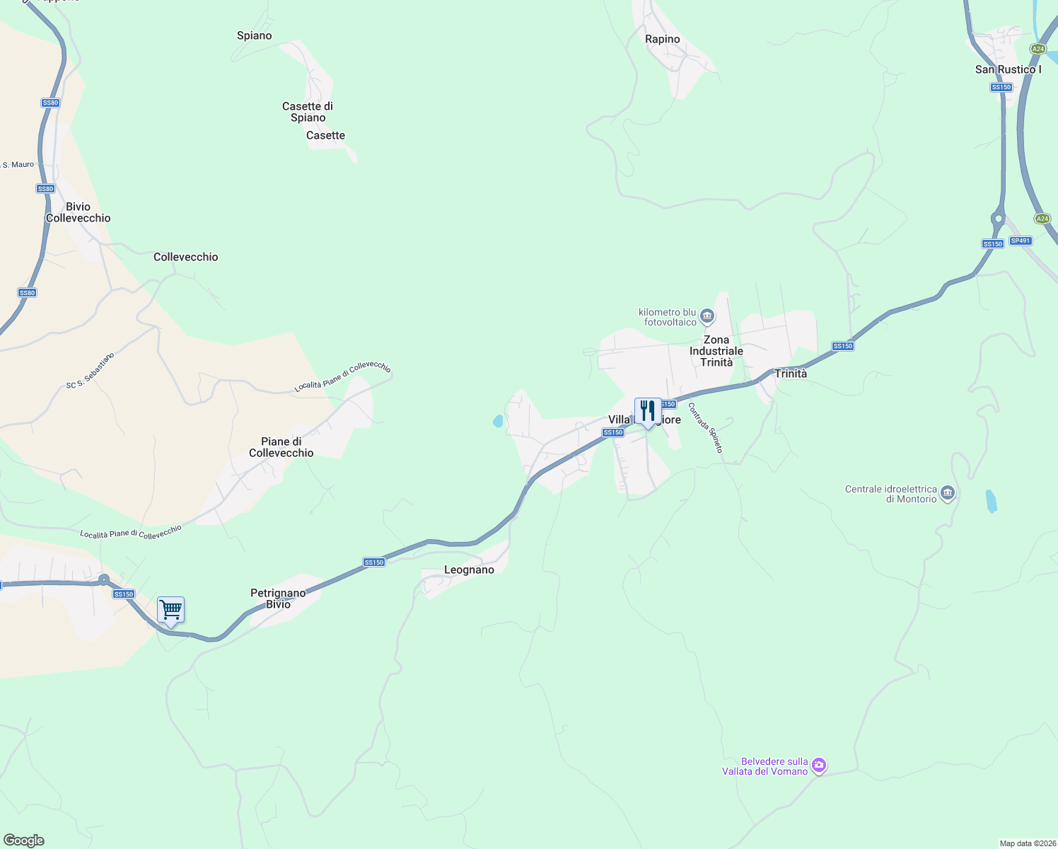map of restaurants, bars, coffee shops, grocery stores, and more near 38E Contrada Villa Cassetti in Villa Maggiore