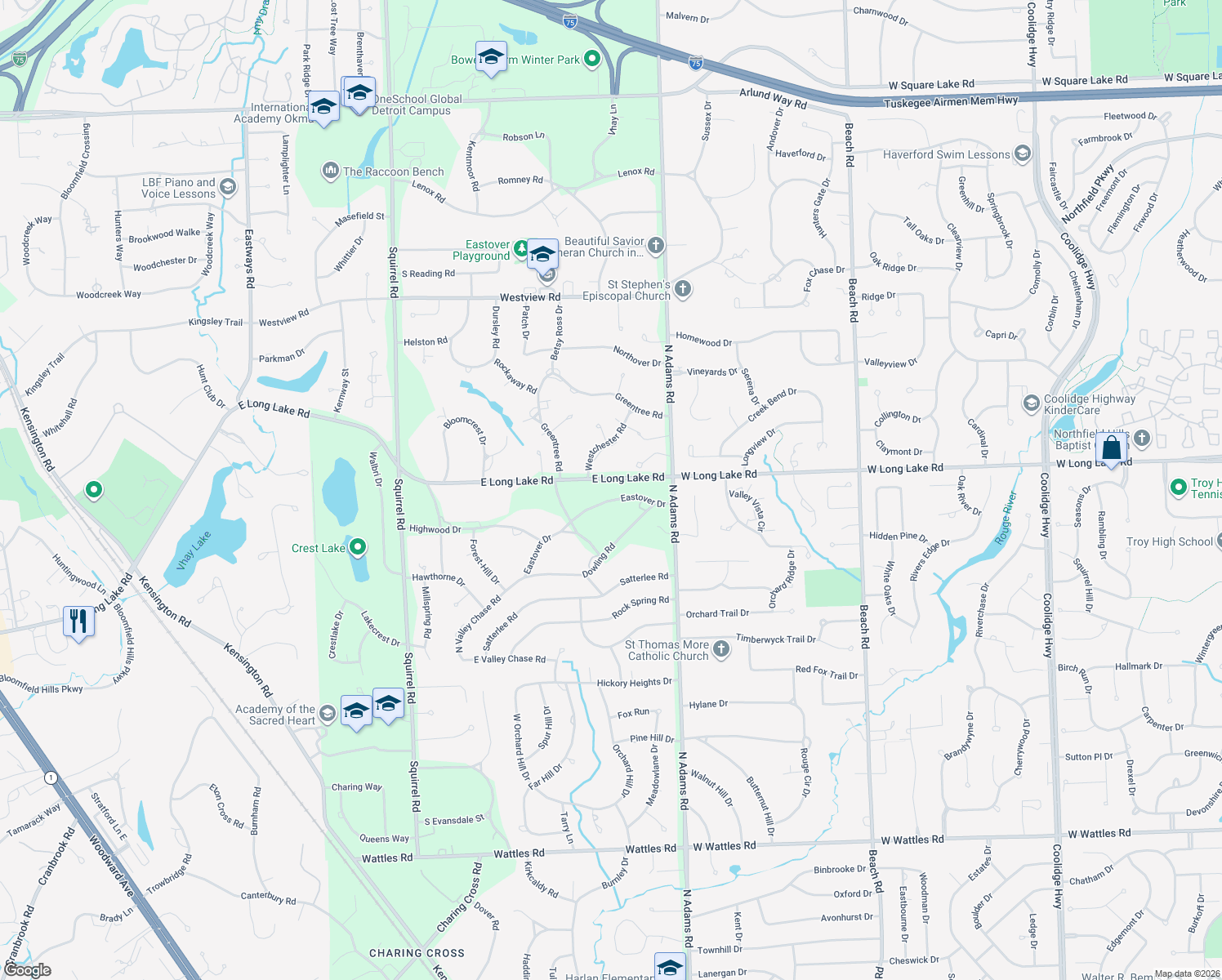 map of restaurants, bars, coffee shops, grocery stores, and more near 1036 E Long Lake Rd in Bloomfield Hills