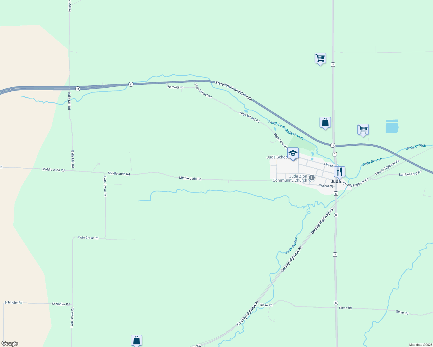 map of restaurants, bars, coffee shops, grocery stores, and more near W3270 Middle Juda Road in Juda