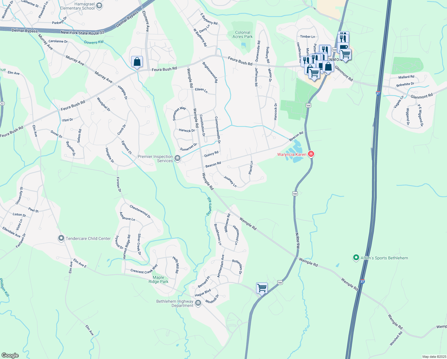 map of restaurants, bars, coffee shops, grocery stores, and more near 27 Journey Ln in Glenmont