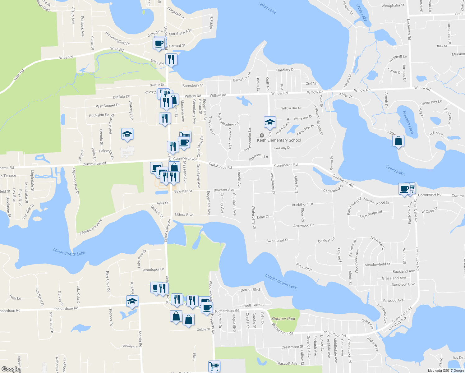 map of restaurants, bars, coffee shops, grocery stores, and more near 7842 Bywater Avenue in West Bloomfield Township