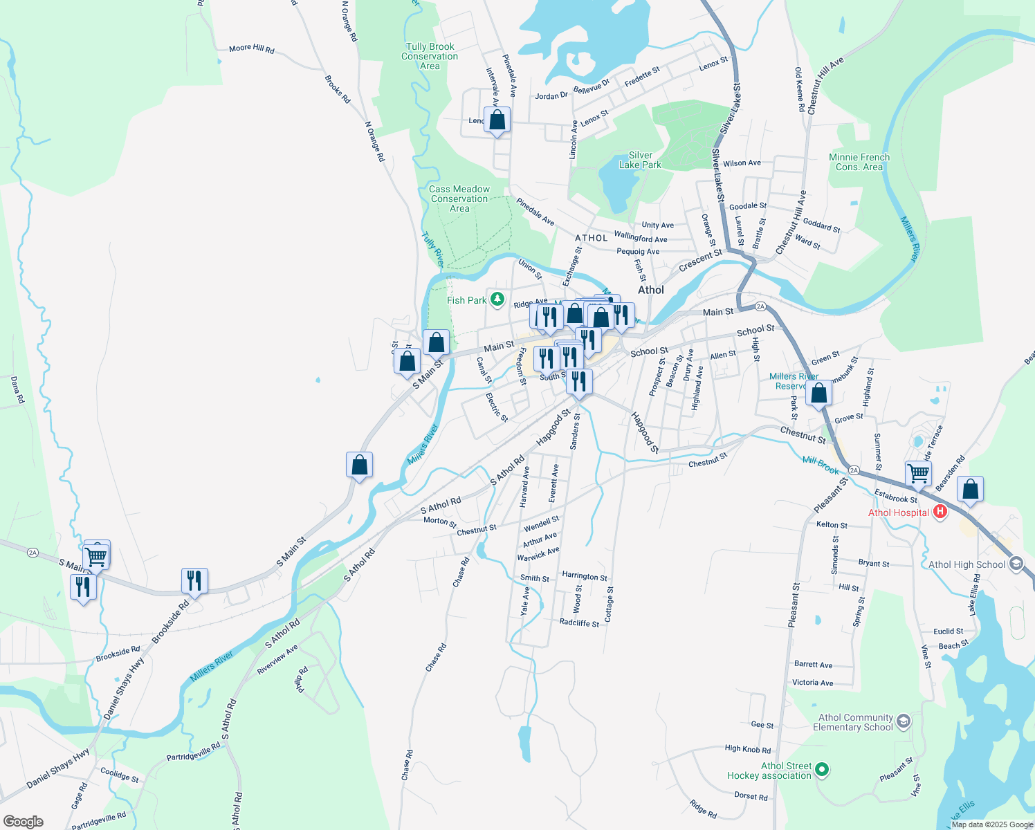 map of restaurants, bars, coffee shops, grocery stores, and more near 151 Harrison Street in Athol