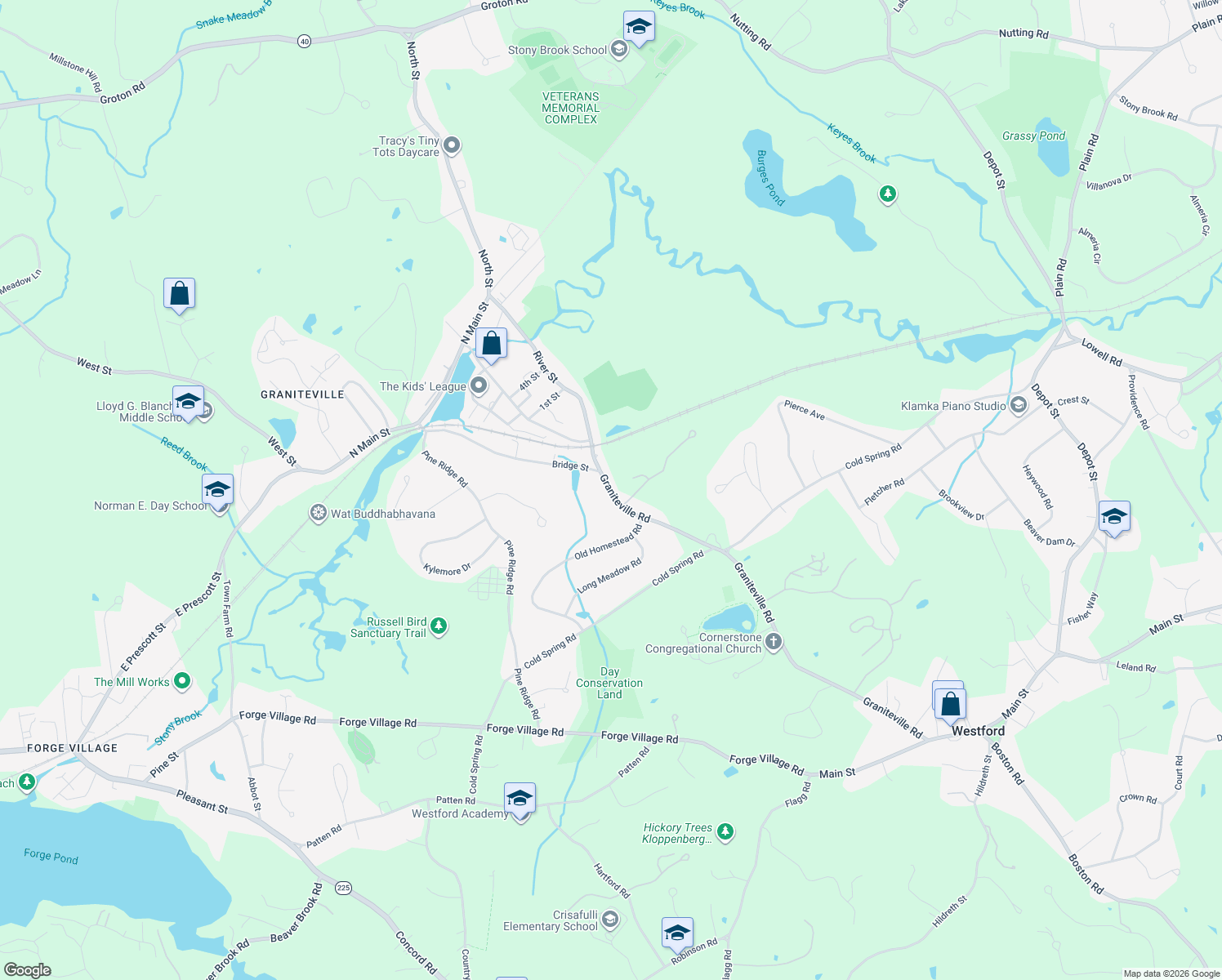 map of restaurants, bars, coffee shops, grocery stores, and more near 75 Graniteville Road in Westford