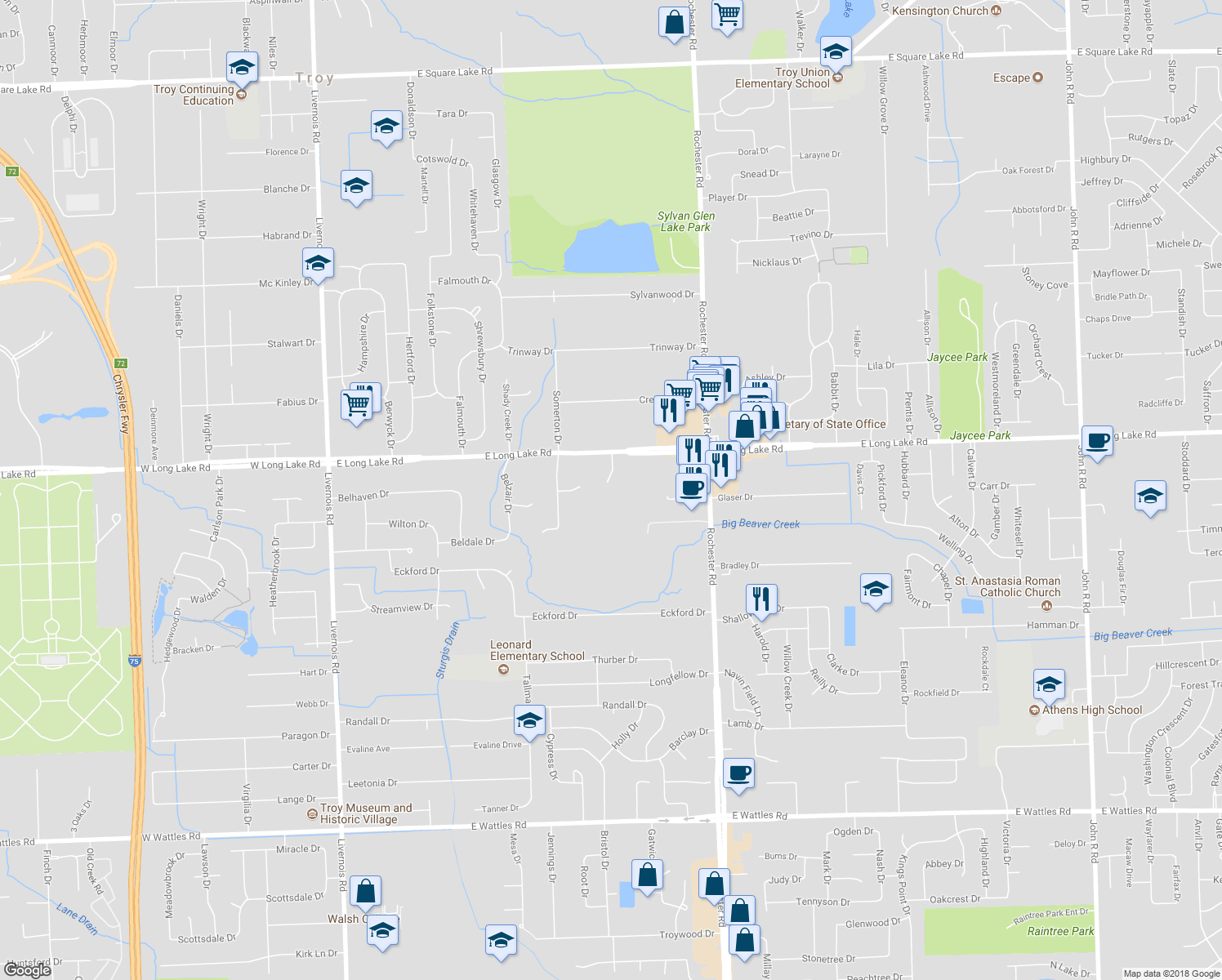 map of restaurants, bars, coffee shops, grocery stores, and more near 4896 River Bank Court in Troy