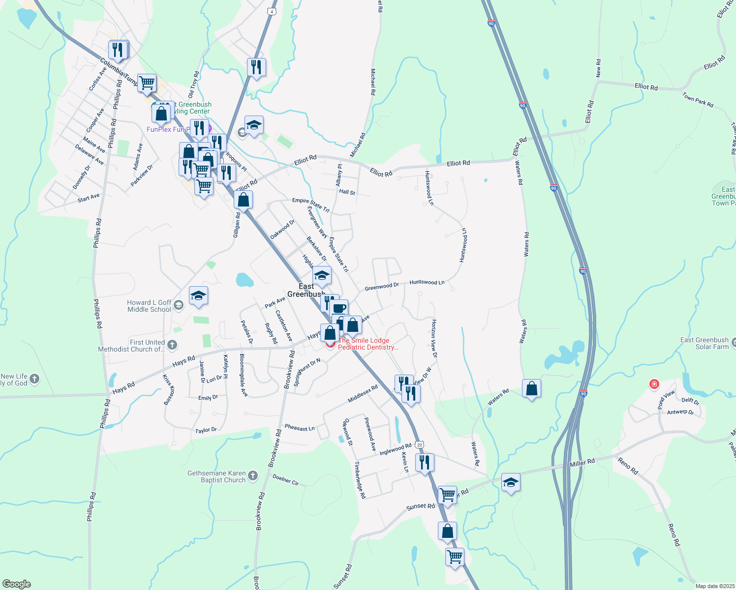 map of restaurants, bars, coffee shops, grocery stores, and more near 24 Greenwood Dr in East Greenbush
