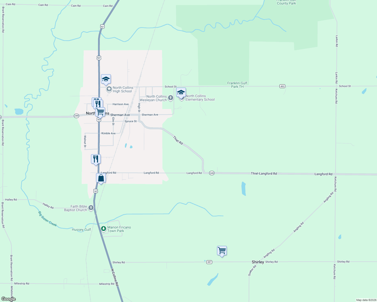 map of restaurants, bars, coffee shops, grocery stores, and more near 2251 Thiel Rd in North Collins