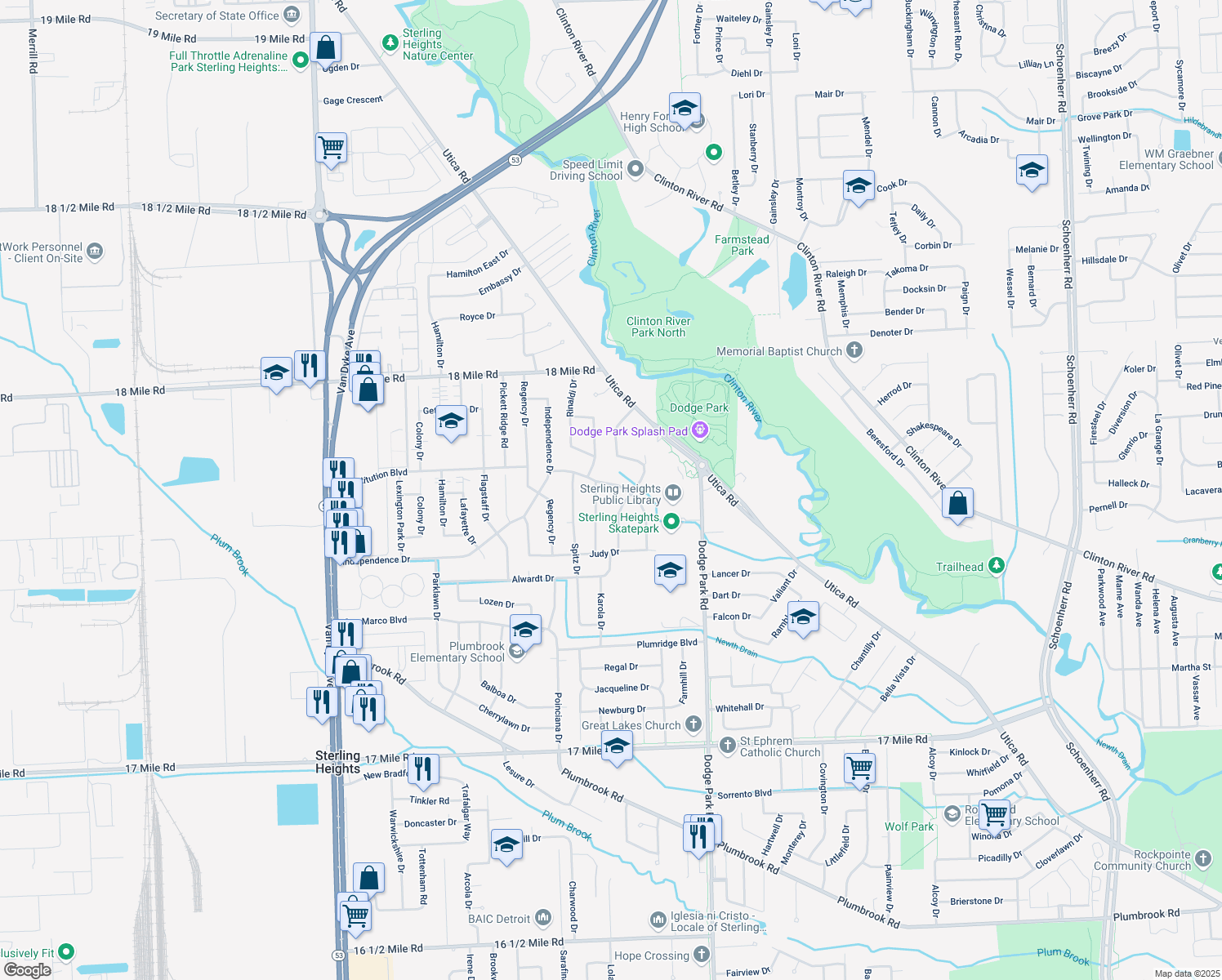 map of restaurants, bars, coffee shops, grocery stores, and more near 40371 William Drive in Sterling Heights