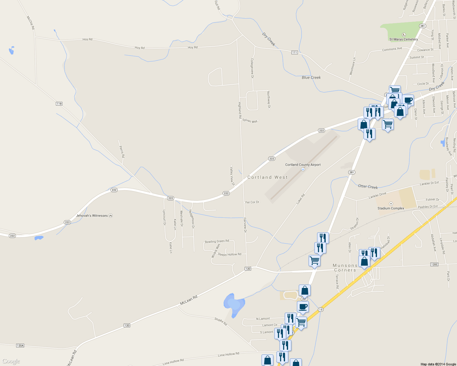 map of restaurants, bars, coffee shops, grocery stores, and more near 3811 Valley View Dr in Cortland