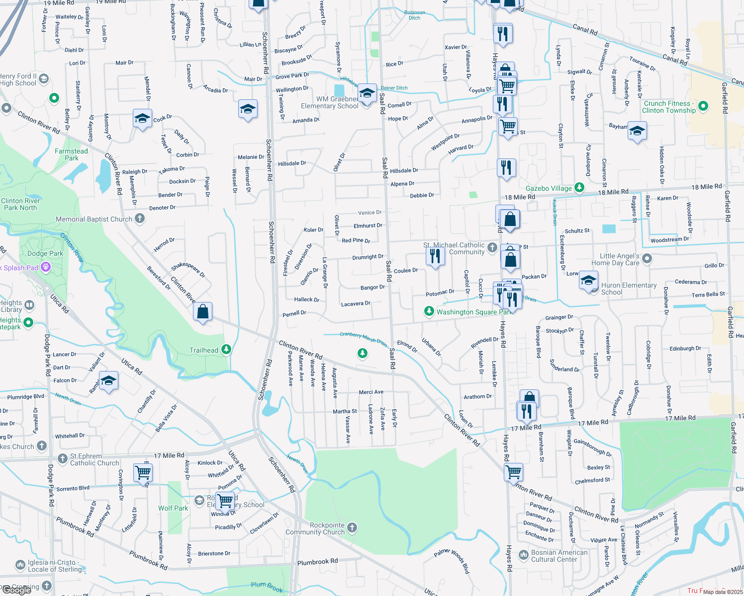 map of restaurants, bars, coffee shops, grocery stores, and more near 14297 Lacavera Dr in Sterling Heights