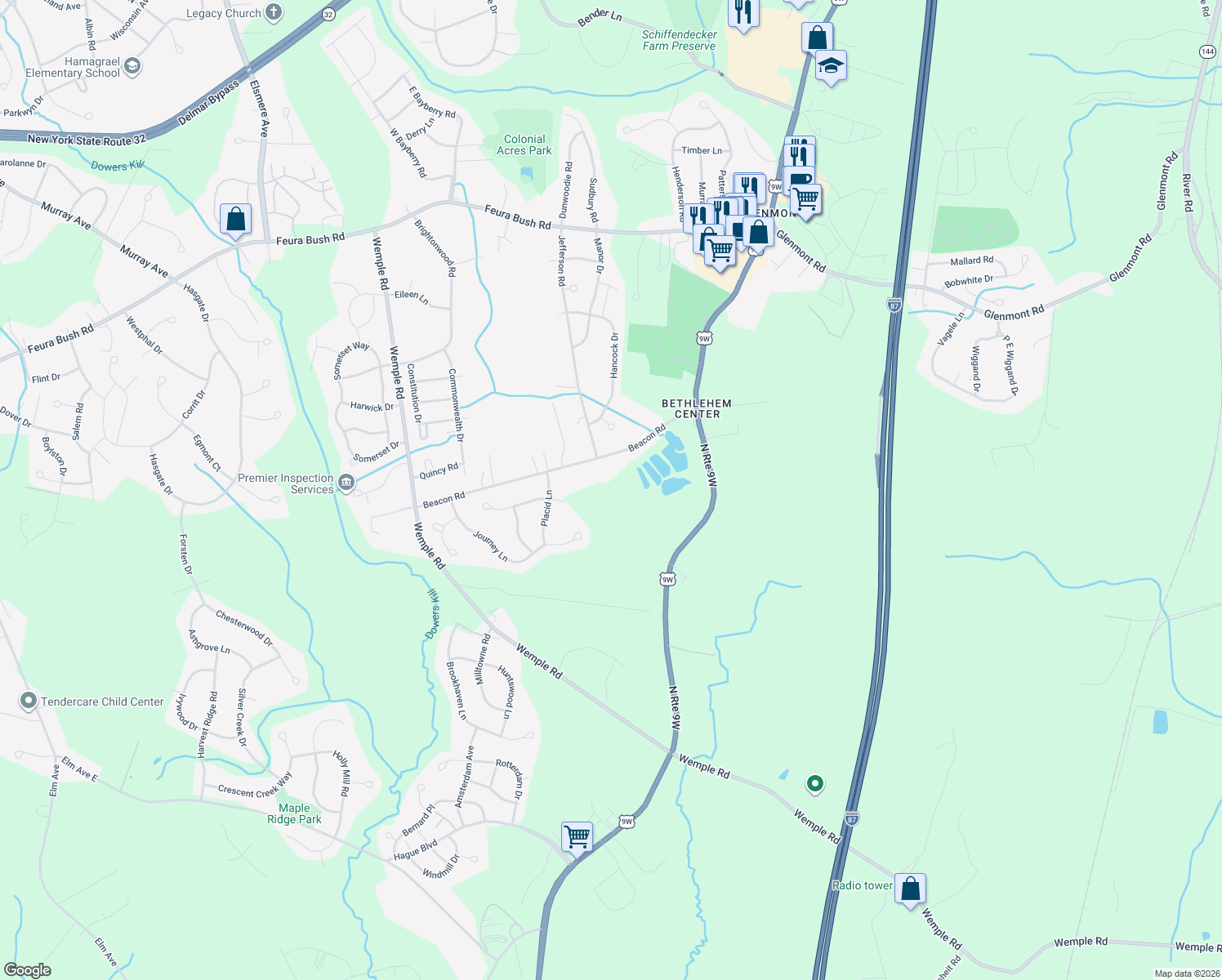 map of restaurants, bars, coffee shops, grocery stores, and more near 62 Beacon Rd in Glenmont