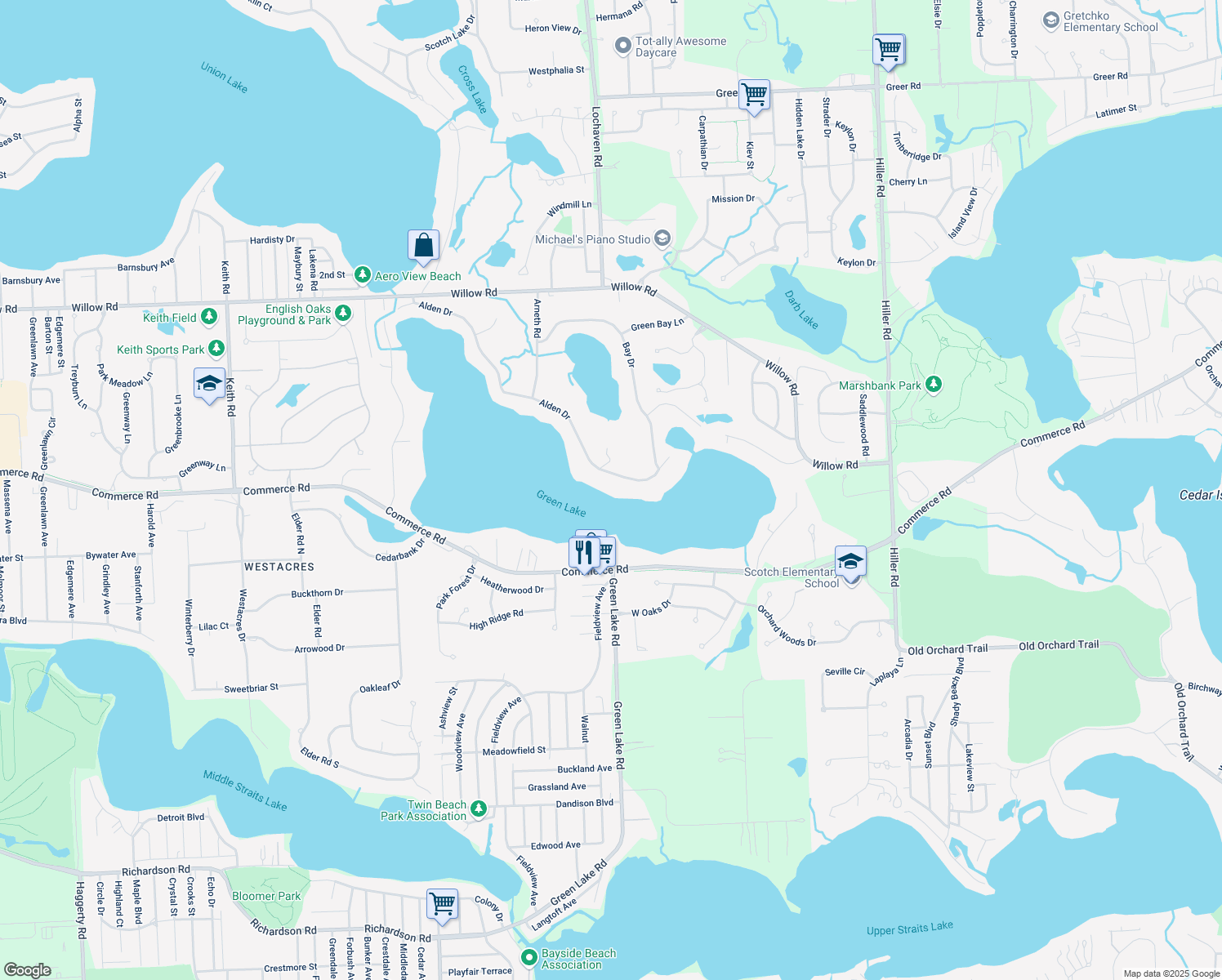 map of restaurants, bars, coffee shops, grocery stores, and more near 6475 Alden Drive in West Bloomfield Township