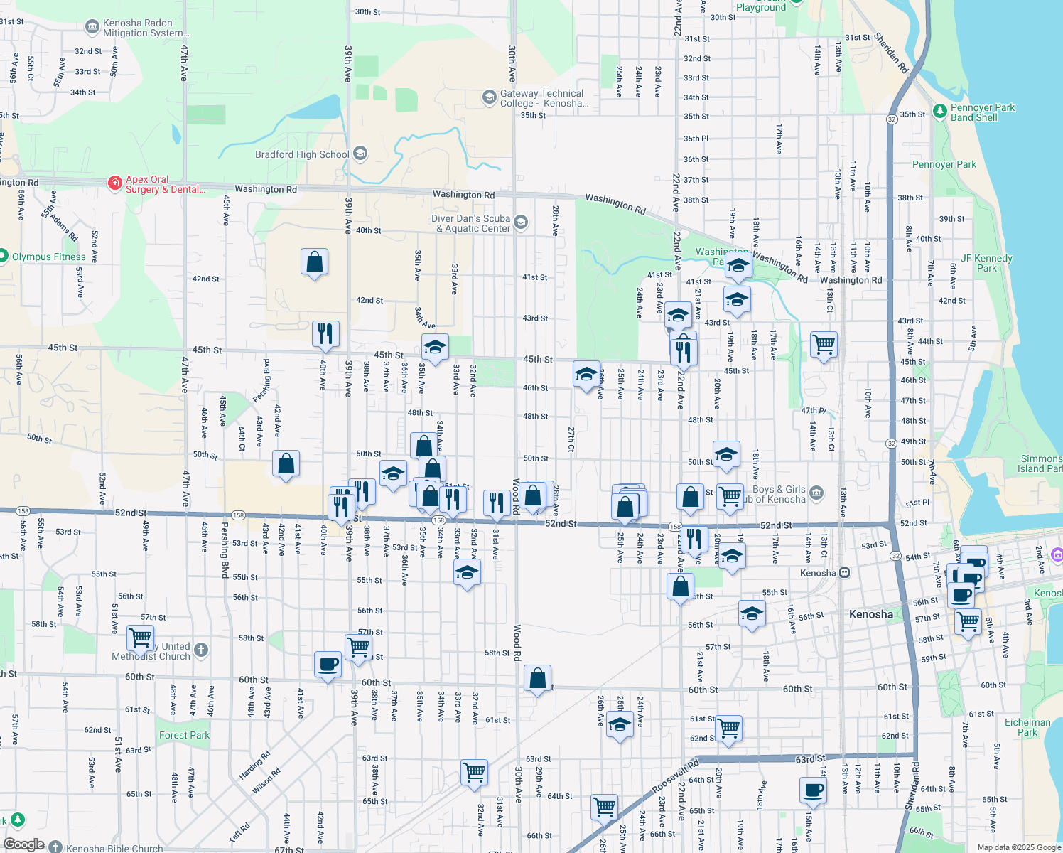 map of restaurants, bars, coffee shops, grocery stores, and more near 4814 29th Avenue in Kenosha