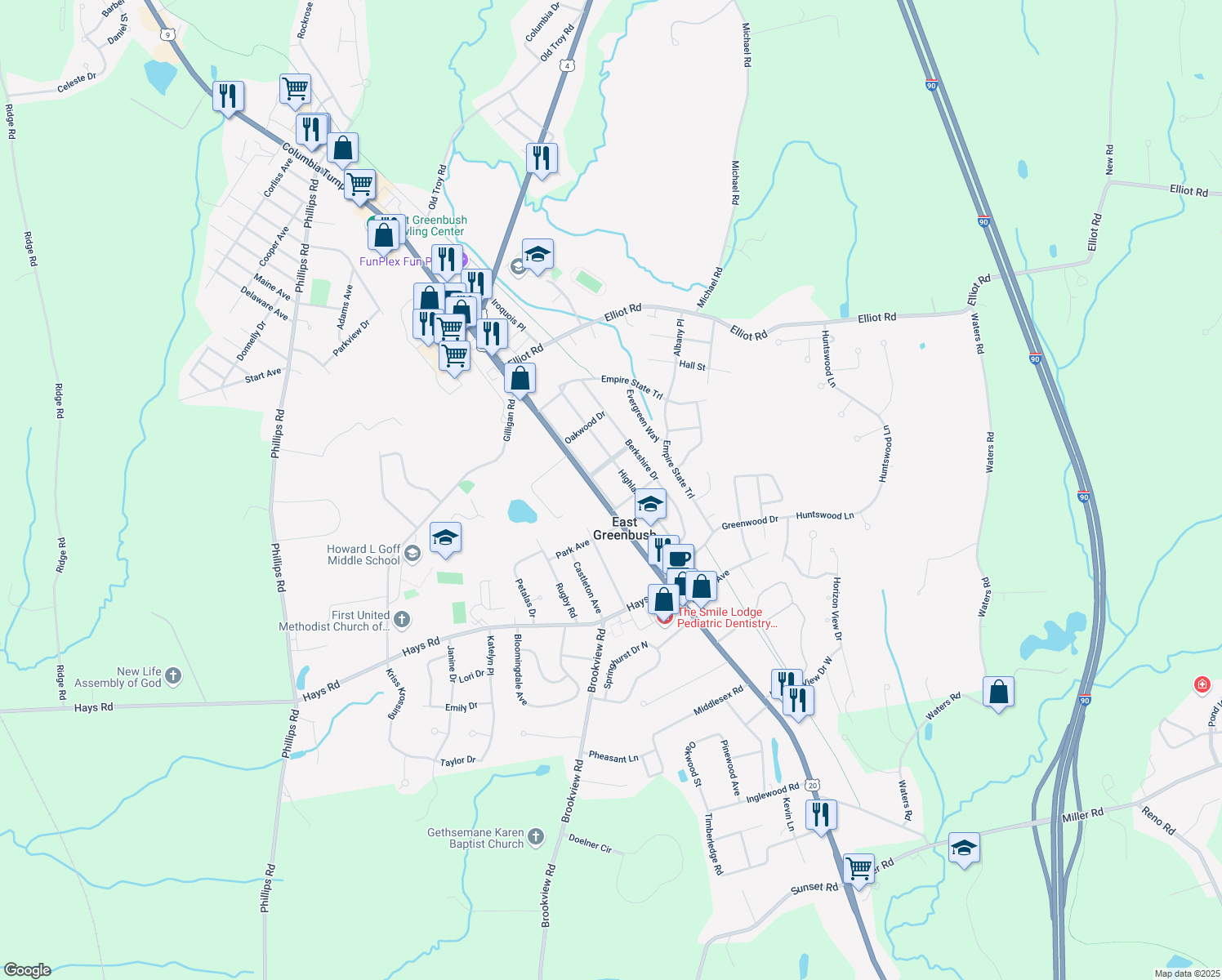 map of restaurants, bars, coffee shops, grocery stores, and more near 39 Park Drive in East Greenbush