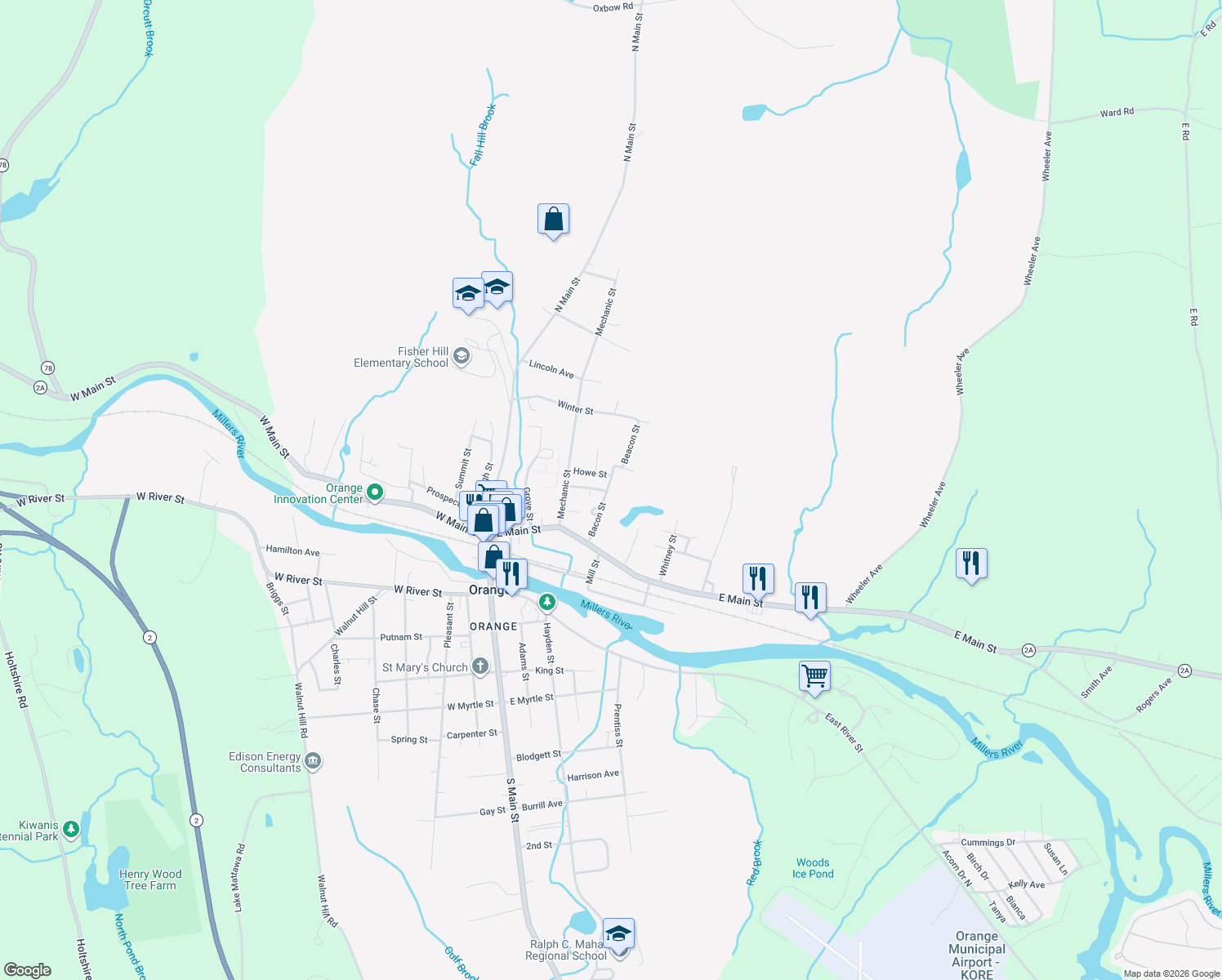 map of restaurants, bars, coffee shops, grocery stores, and more near 58 Bacon Street in Orange