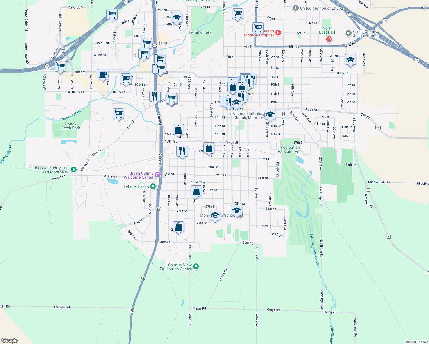 map of restaurants, bars, coffee shops, grocery stores, and more near 2018 13th Avenue in Monroe