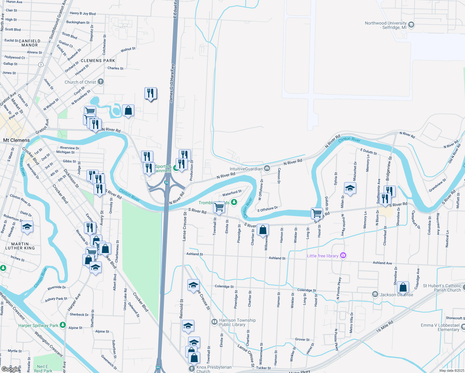 map of restaurants, bars, coffee shops, grocery stores, and more near 25935 Clinton Shore Dr in Harrison Township