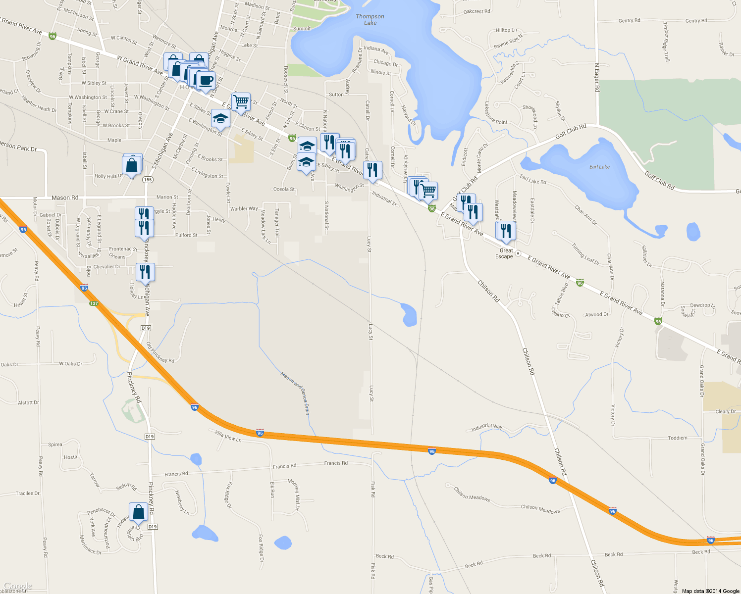 map of restaurants, bars, coffee shops, grocery stores, and more near 573 Lucy St in Howell
