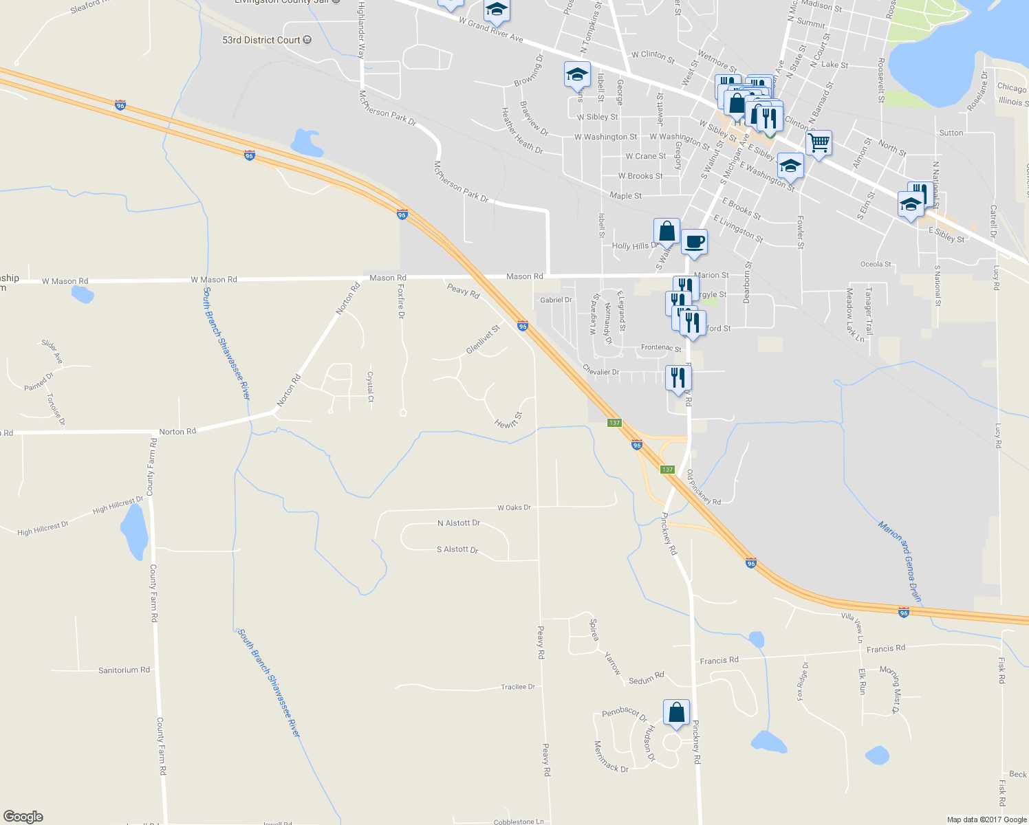 map of restaurants, bars, coffee shops, grocery stores, and more near 540 Hewitt Street in Howell