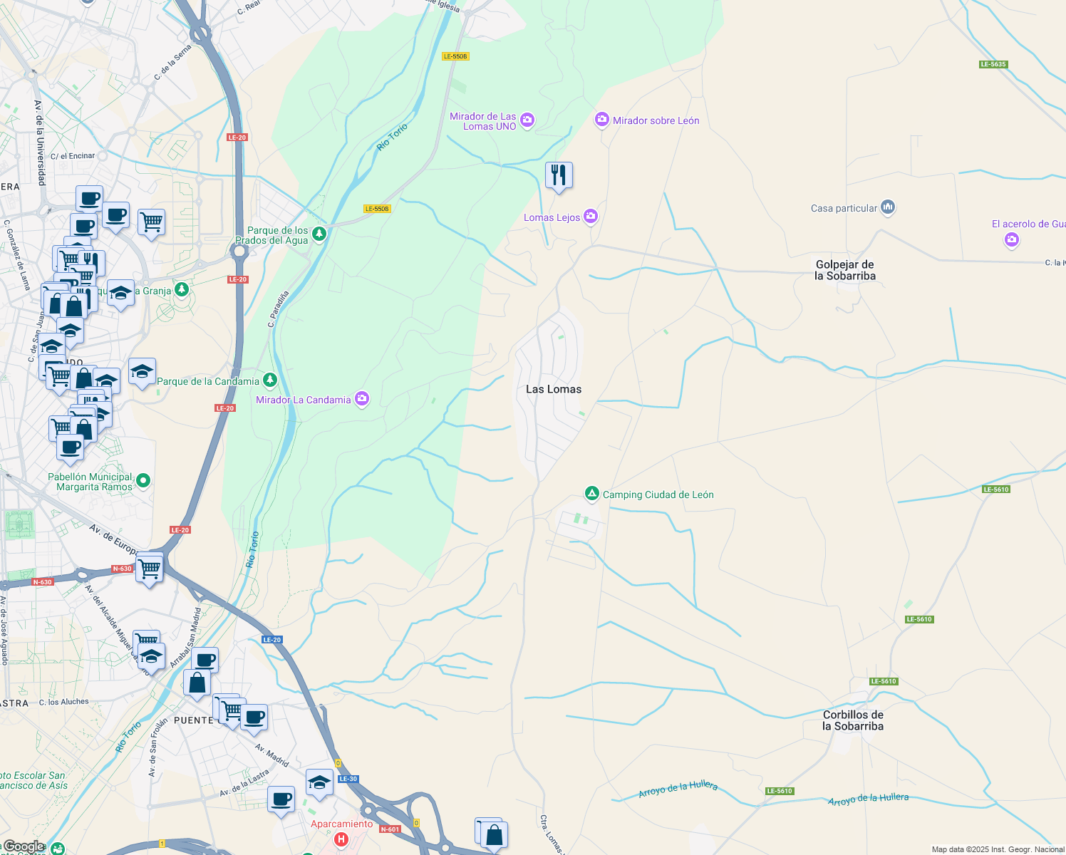 map of restaurants, bars, coffee shops, grocery stores, and more near 225 Calle los Pinos in Las Lomas