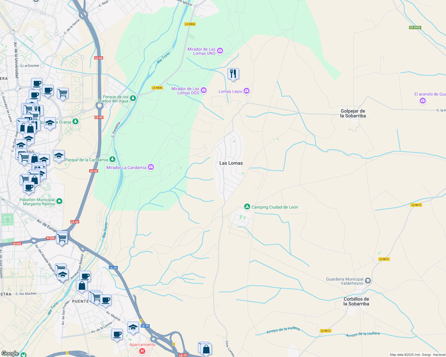 map of restaurants, bars, coffee shops, grocery stores, and more near 225 Calle los Pinos in Las Lomas