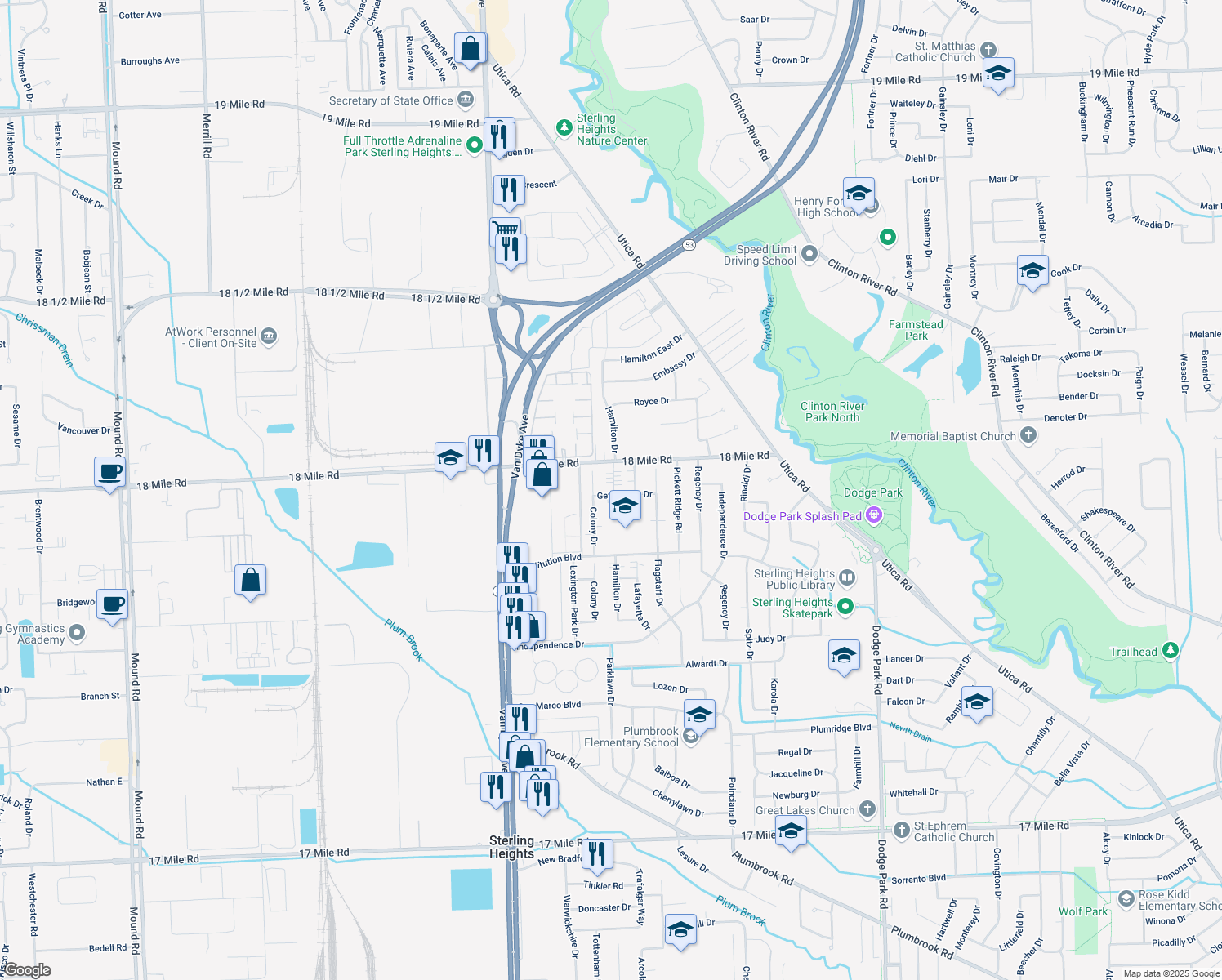 map of restaurants, bars, coffee shops, grocery stores, and more near 8455 Gettysburg Drive in Sterling Heights