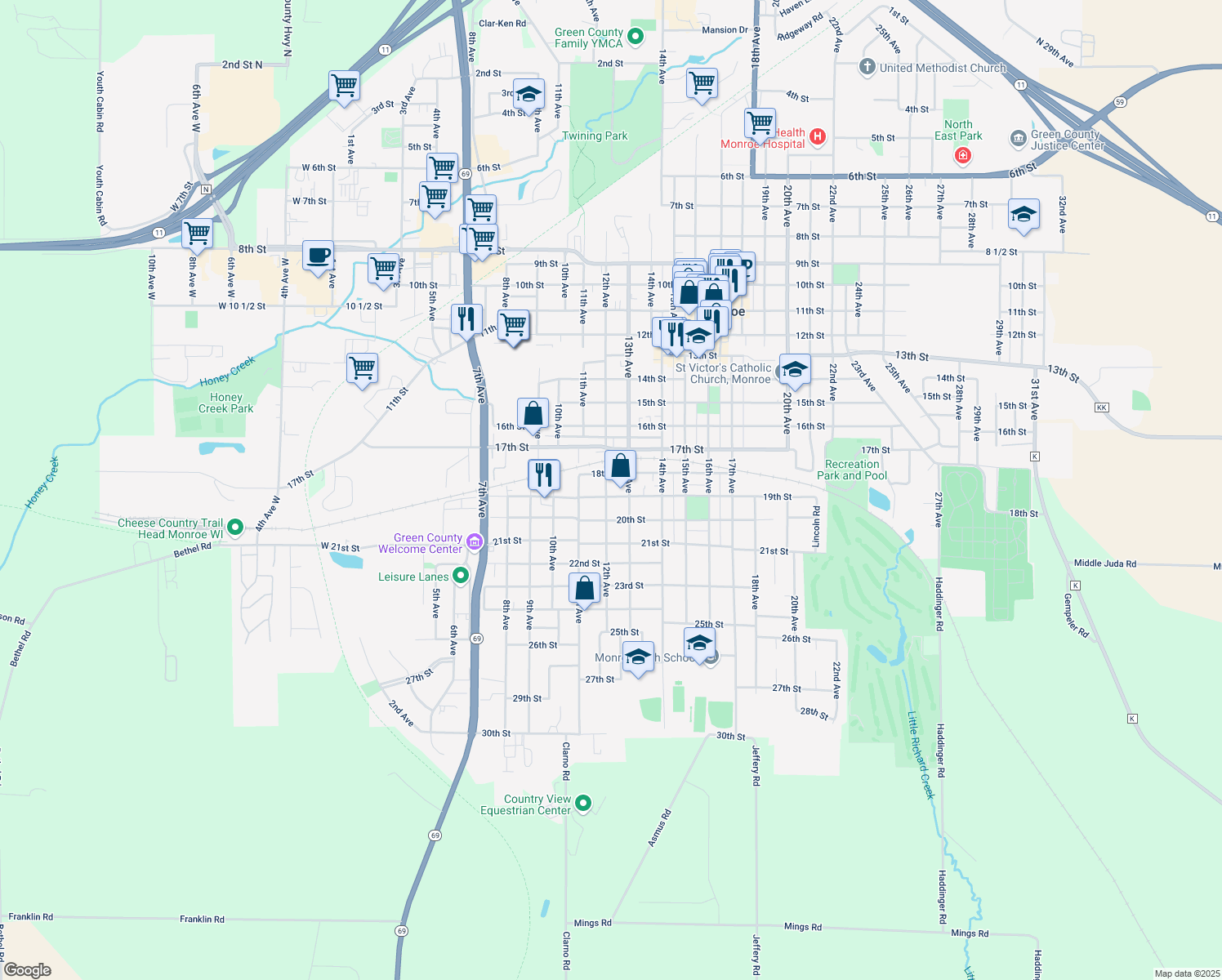 map of restaurants, bars, coffee shops, grocery stores, and more near 1203 19th Street in Monroe
