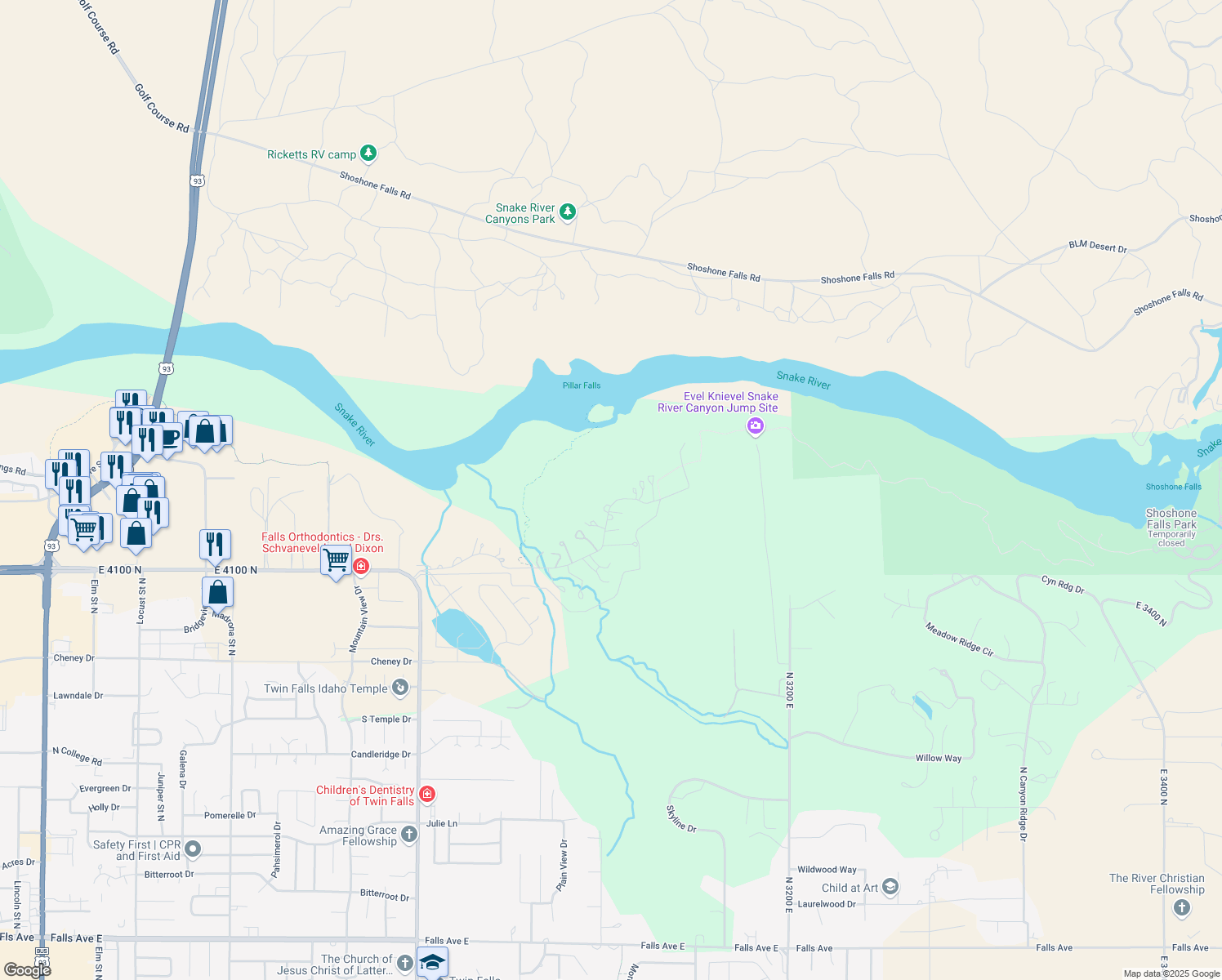 map of restaurants, bars, coffee shops, grocery stores, and more near 3100 East 4100 North in Twin Falls