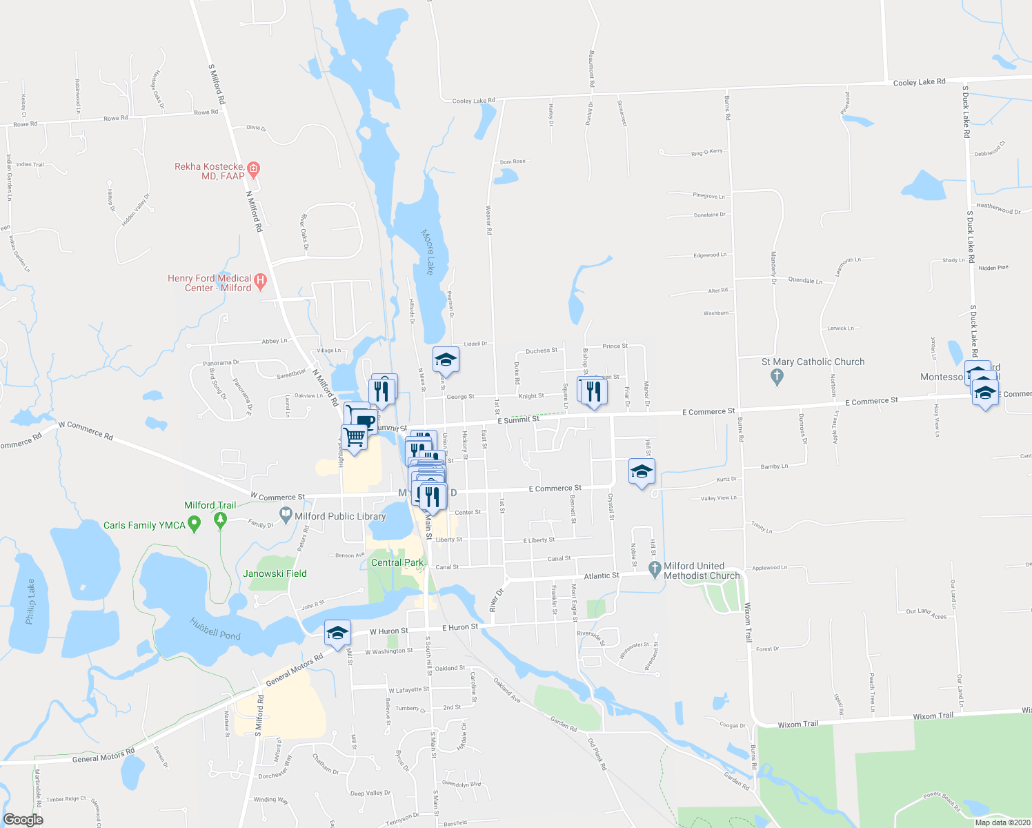 map of restaurants, bars, coffee shops, grocery stores, and more near 559 East Summit Street in Milford Charter Township
