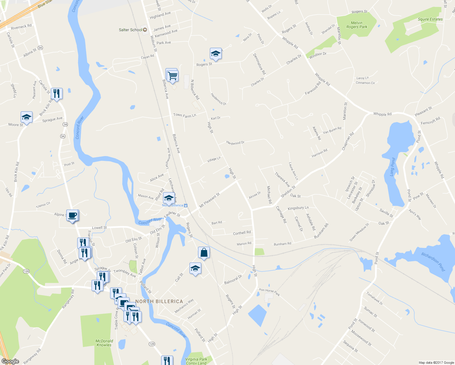 map of restaurants, bars, coffee shops, grocery stores, and more near 48 Mount Pleasant Street in Billerica
